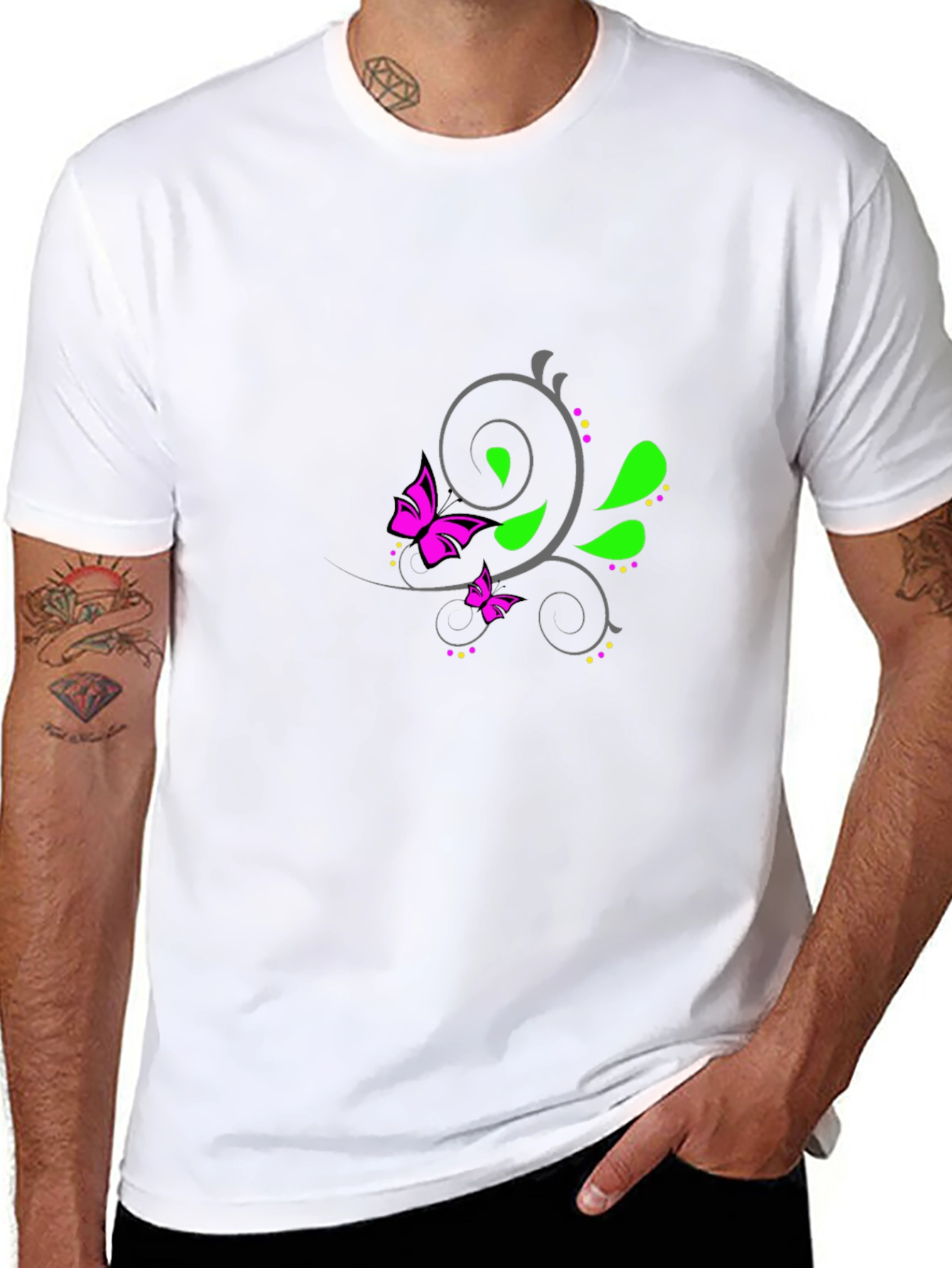 Mens Black T-Shirt with Butterfly Floral Design