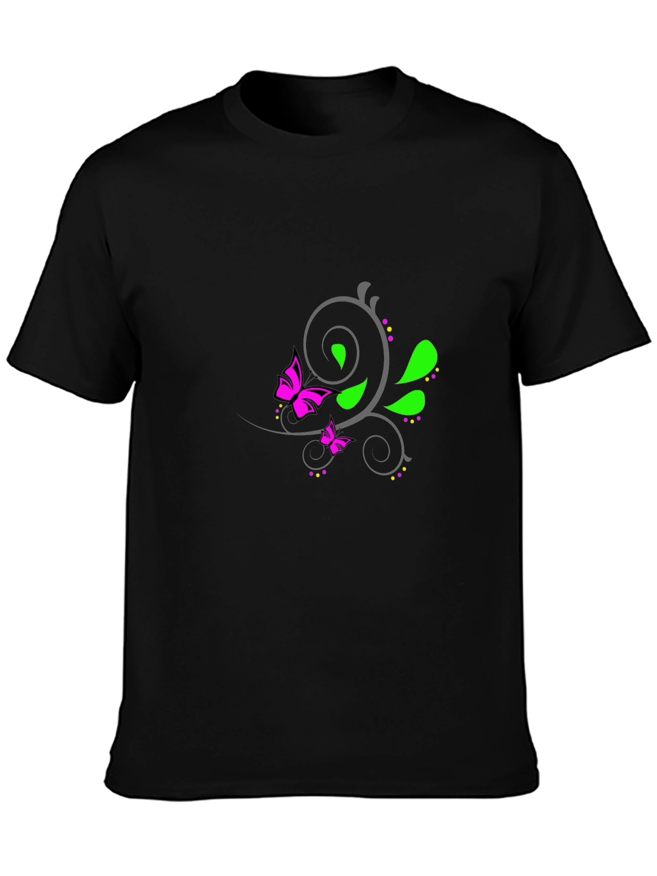 Mens Black T-Shirt with Butterfly Floral Design