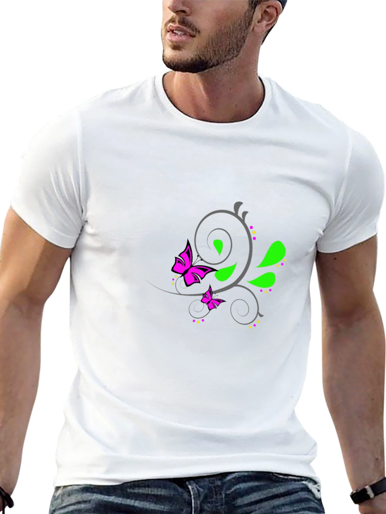 Mens Black T-Shirt with Butterfly Floral Design