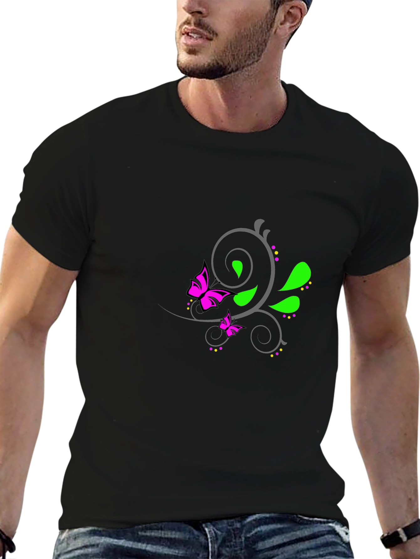 Mens Black T-Shirt with Butterfly Floral Design