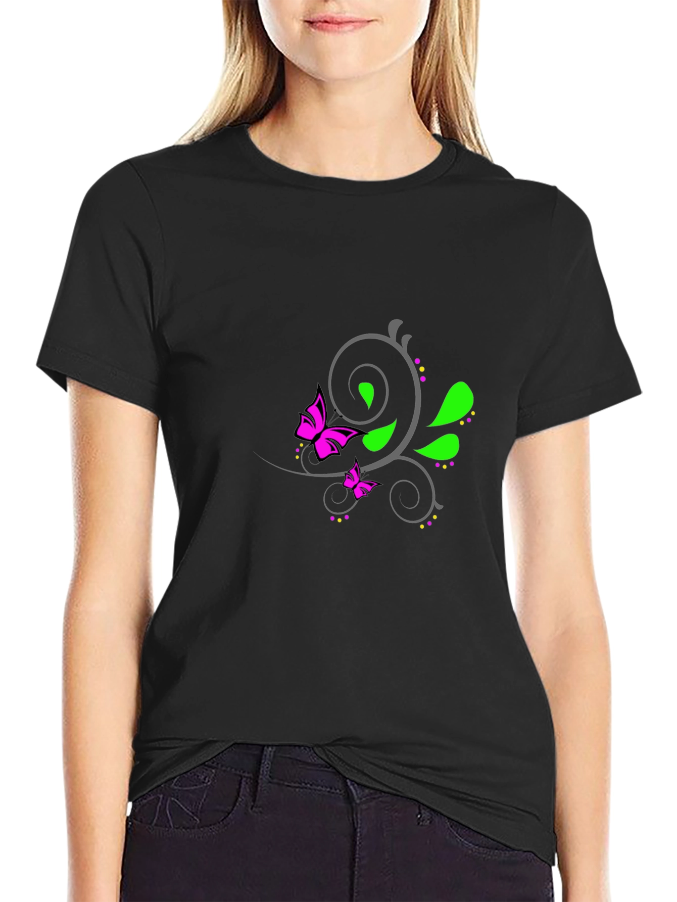 Mens Black T-Shirt with Butterfly Floral Design