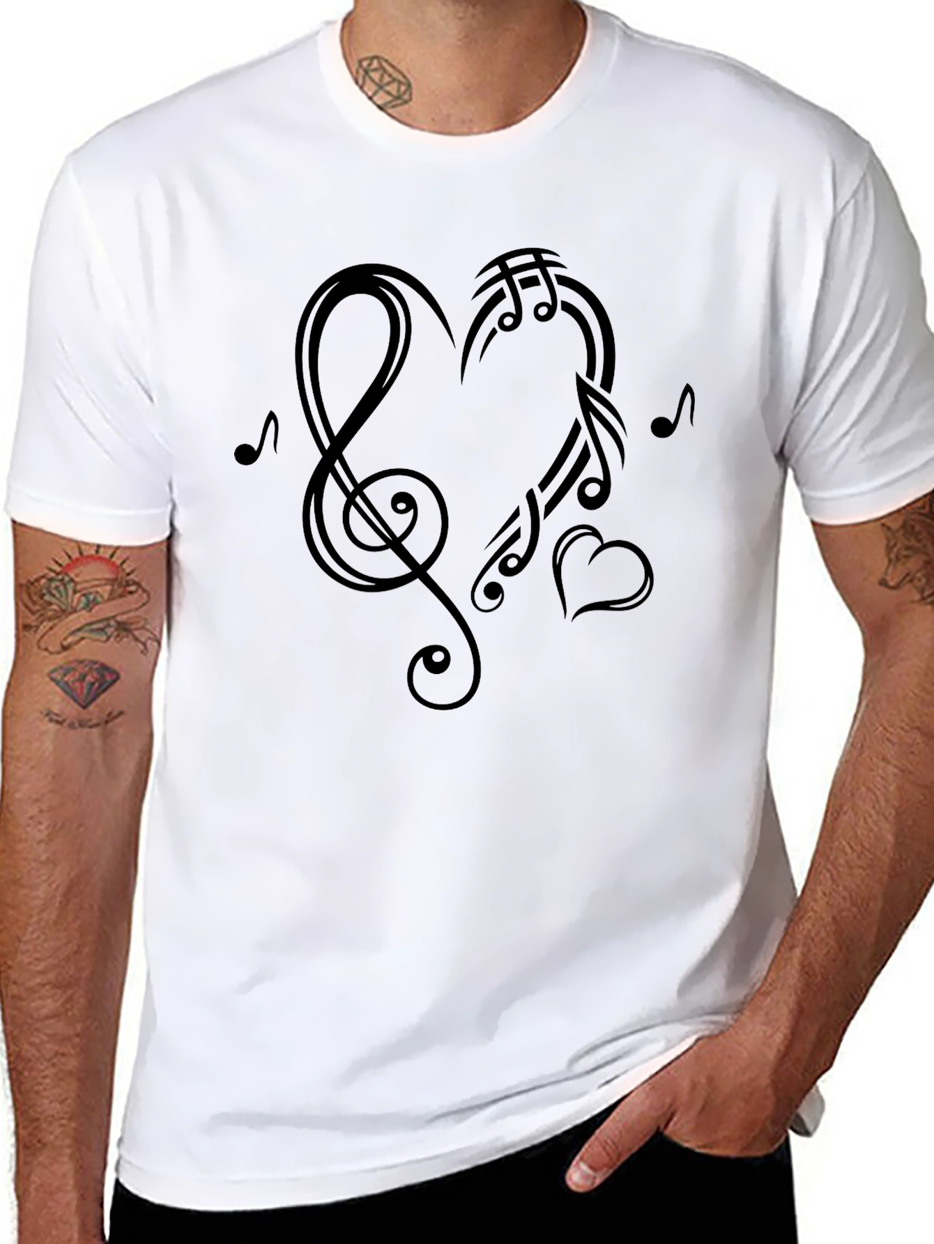 Musical Heart Graphic Tee - Black Cotton Casual Shirt