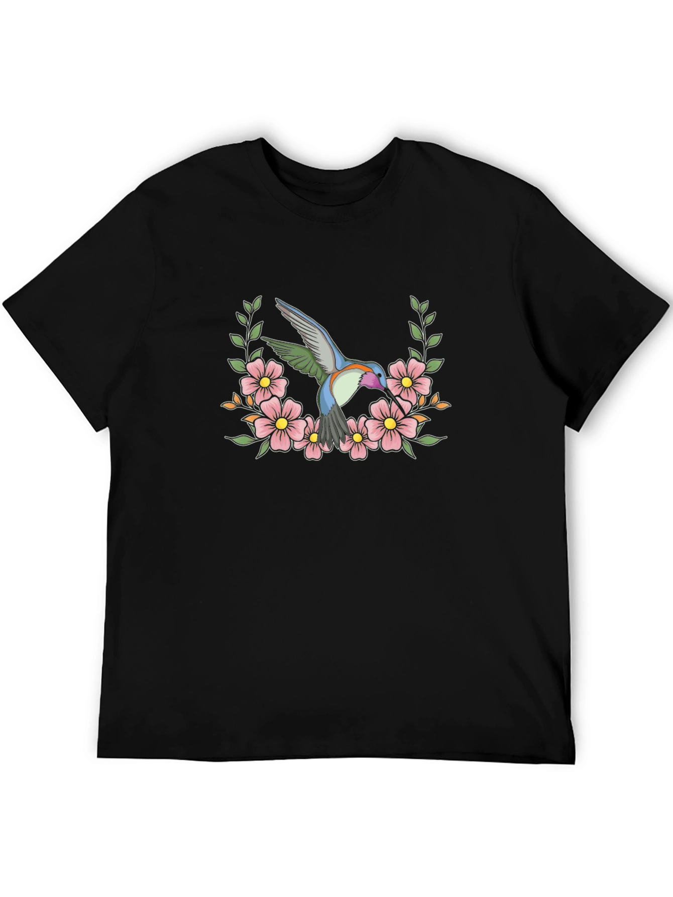 Hummingbird Floral Wreath Graphic Tee - Black