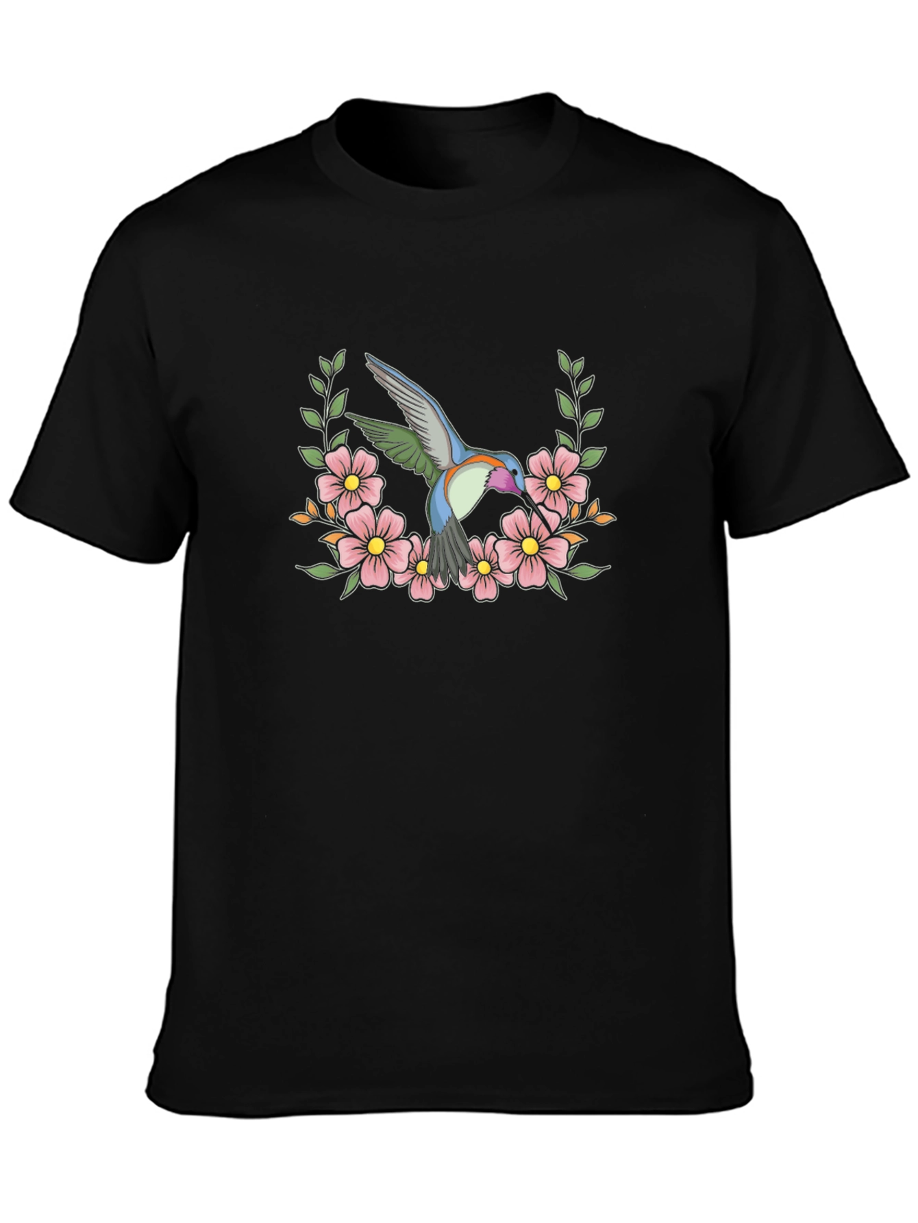 Hummingbird Floral Wreath Graphic Tee - Black