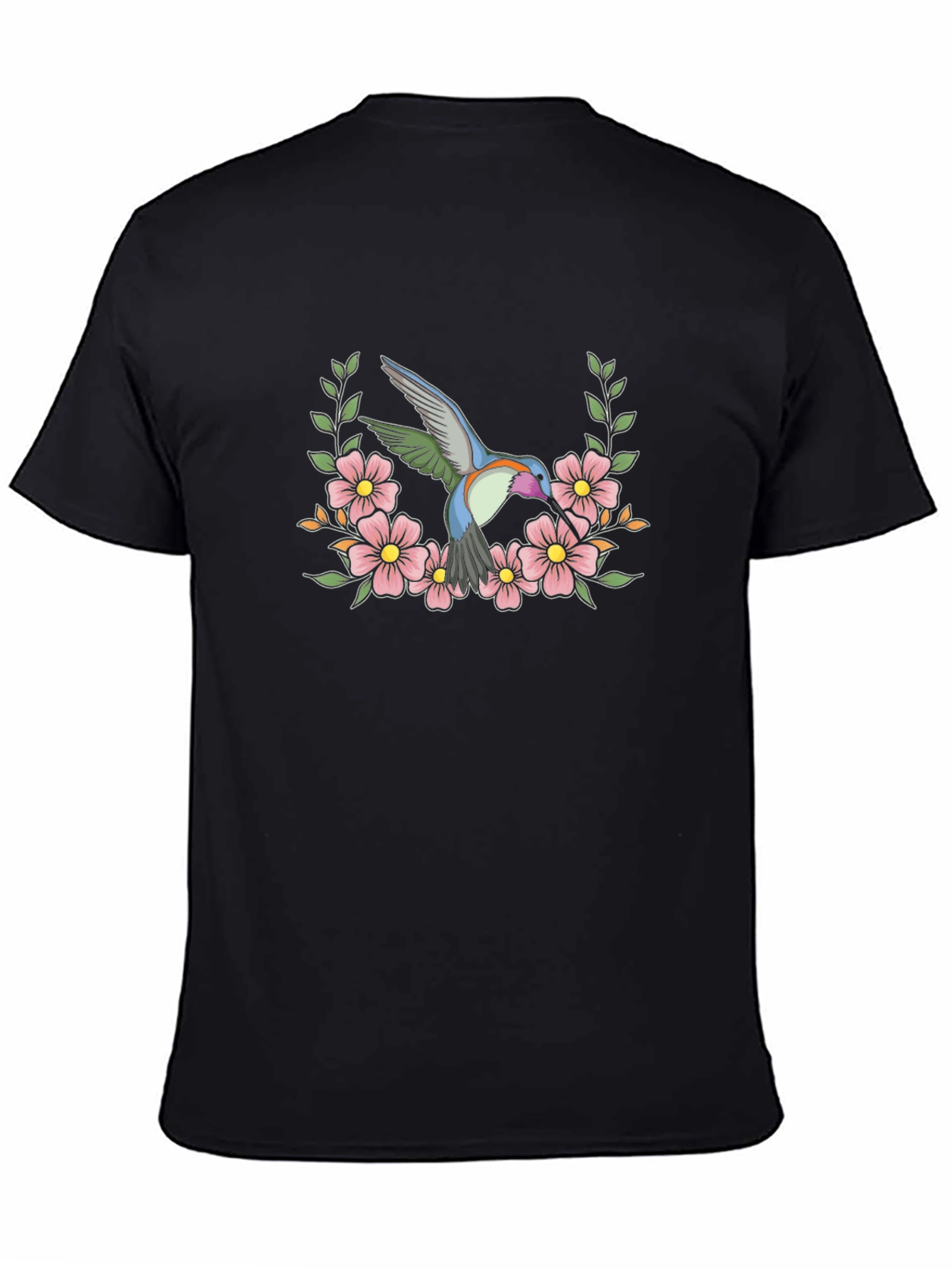 Hummingbird Floral Wreath Graphic Tee - Black