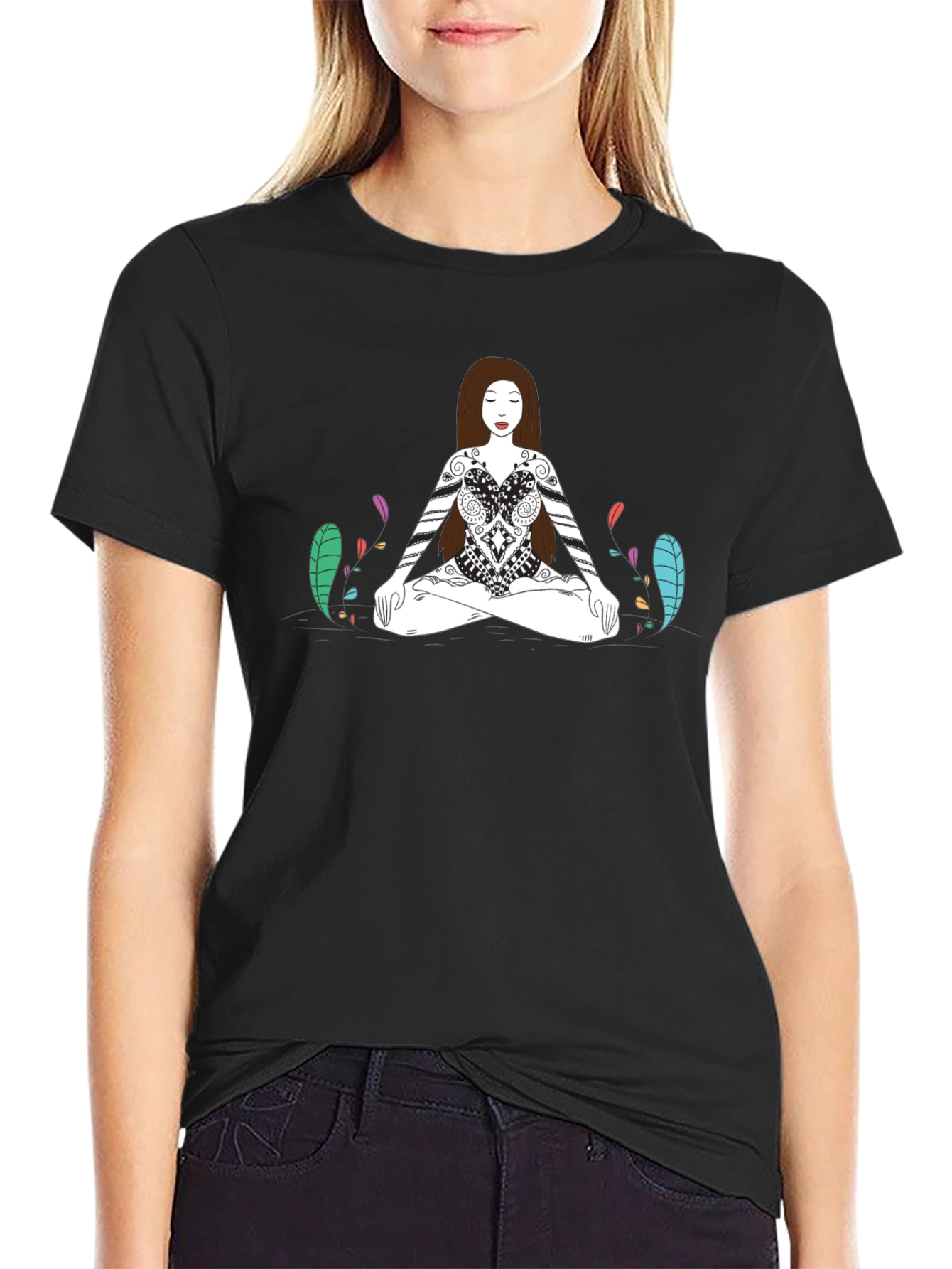 Meditative Woman Graphic Tee - Black Cotton T-Shirt