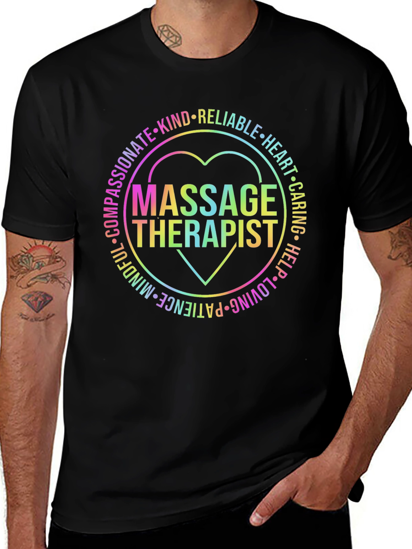 Massage Therapist Rainbow Heart Graphic T-Shirt
