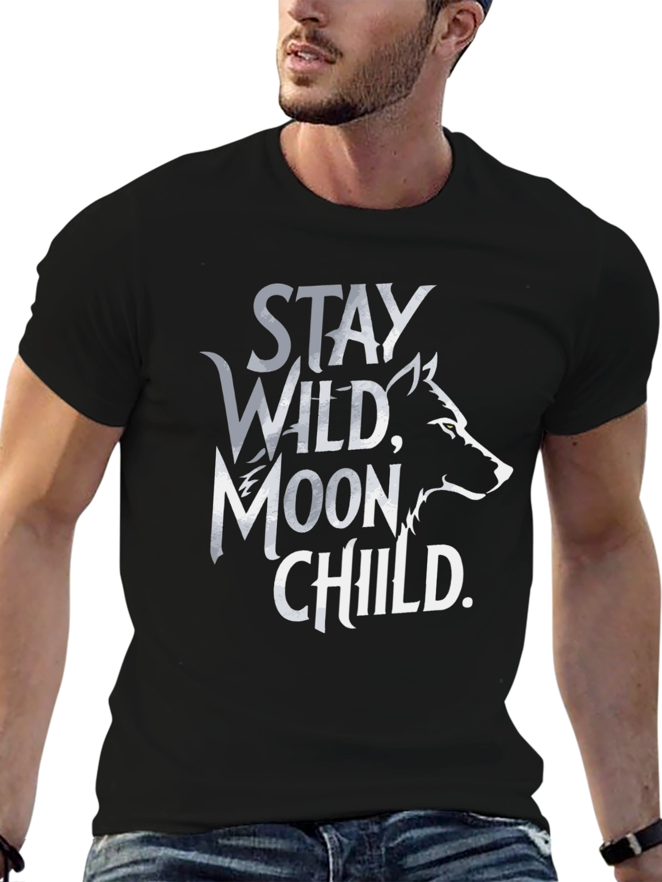 Stay Wild Moon Child T-Shirt - Black Wolf Design