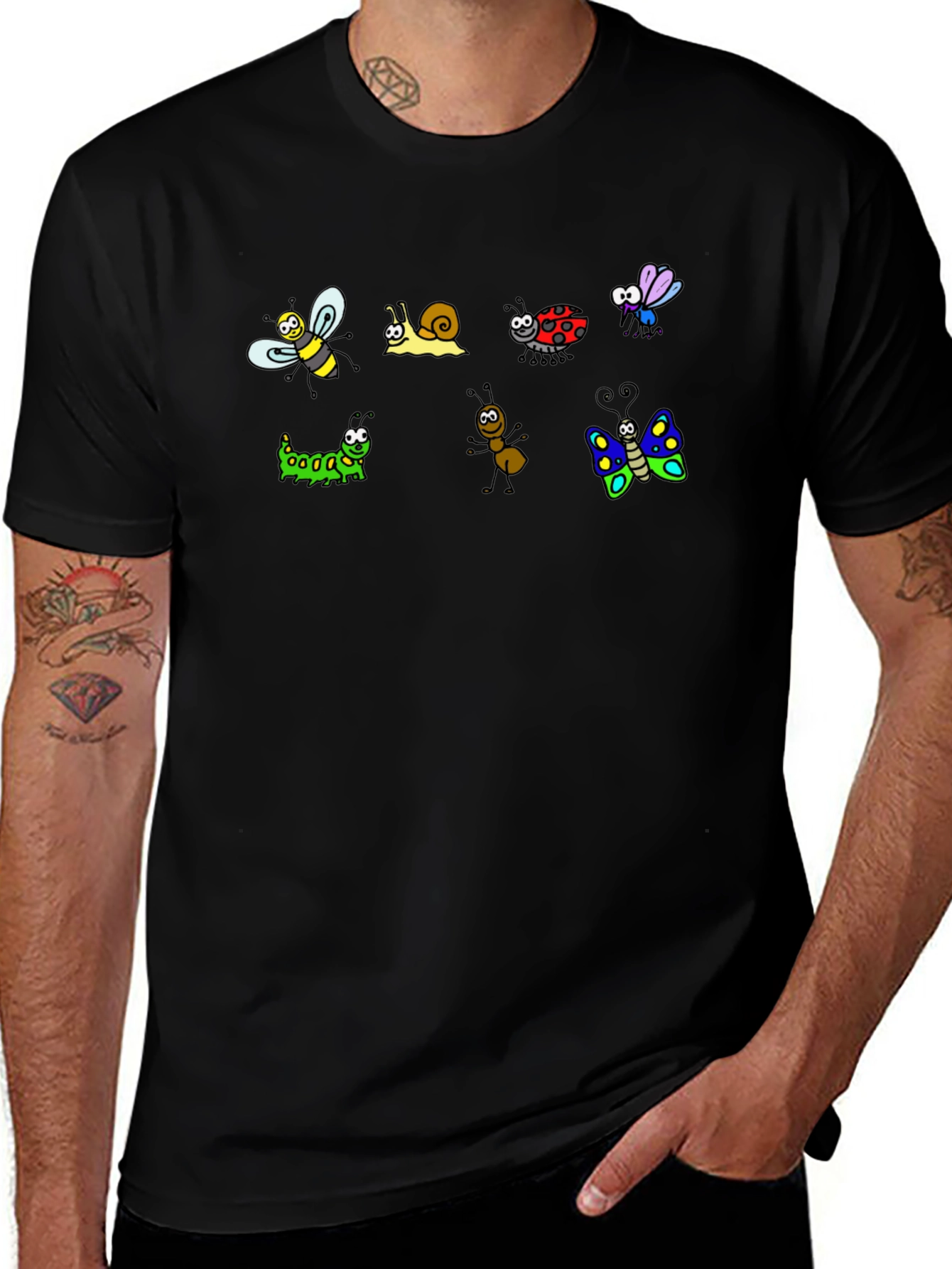 Cartoon Insects Black Cotton T-Shirt