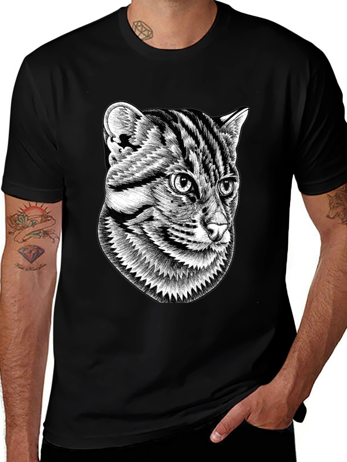 Graphic Black T-Shirt - Cat Illustration