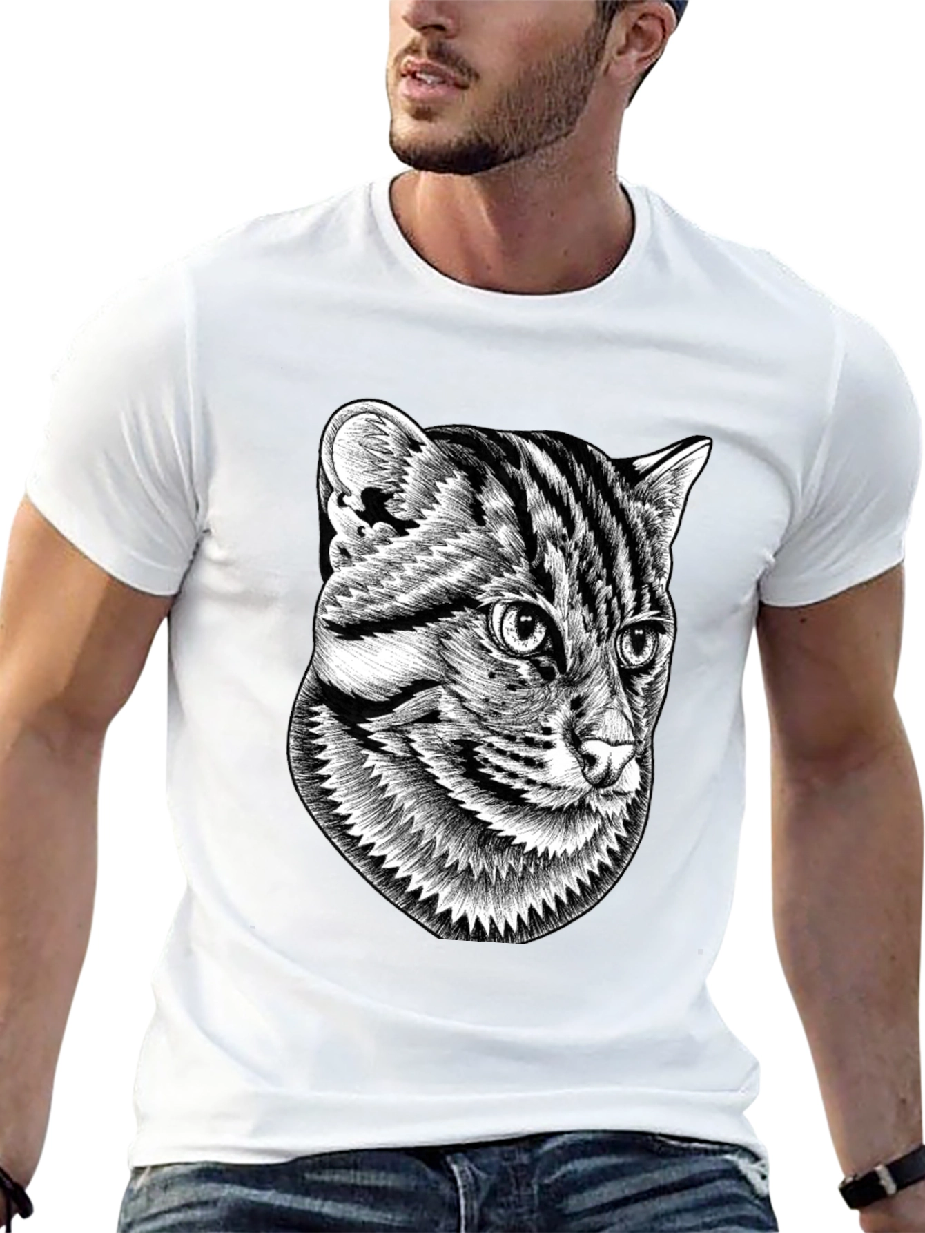 Graphic Black T-Shirt - Cat Illustration