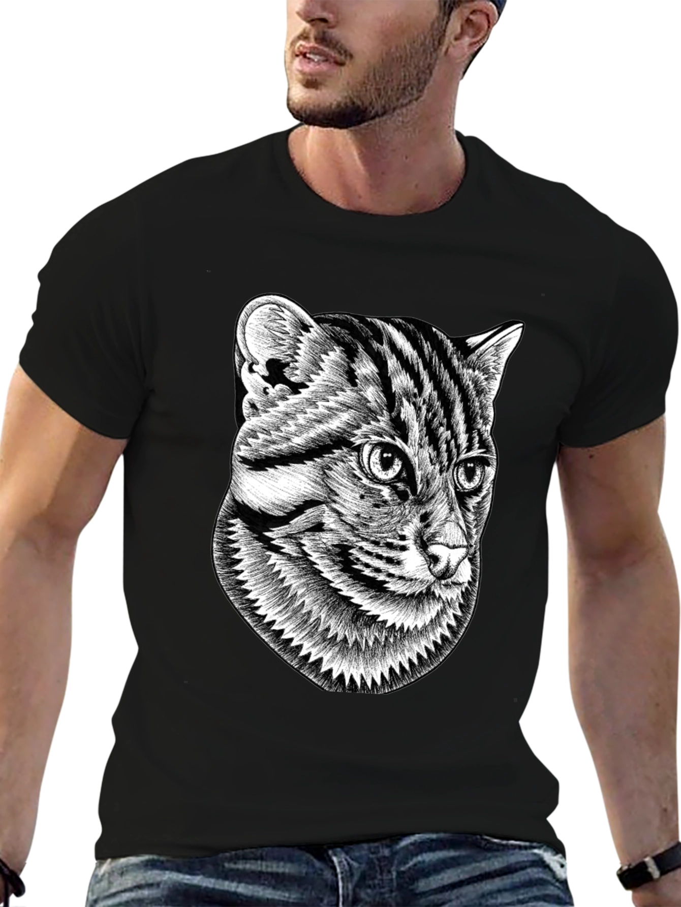 Graphic Black T-Shirt - Cat Illustration