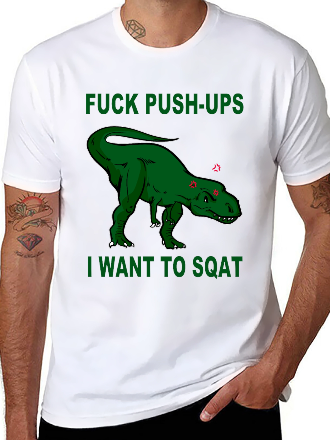 Funny Dinosaur Workout T-Shirt - Squats Over Push-Ups