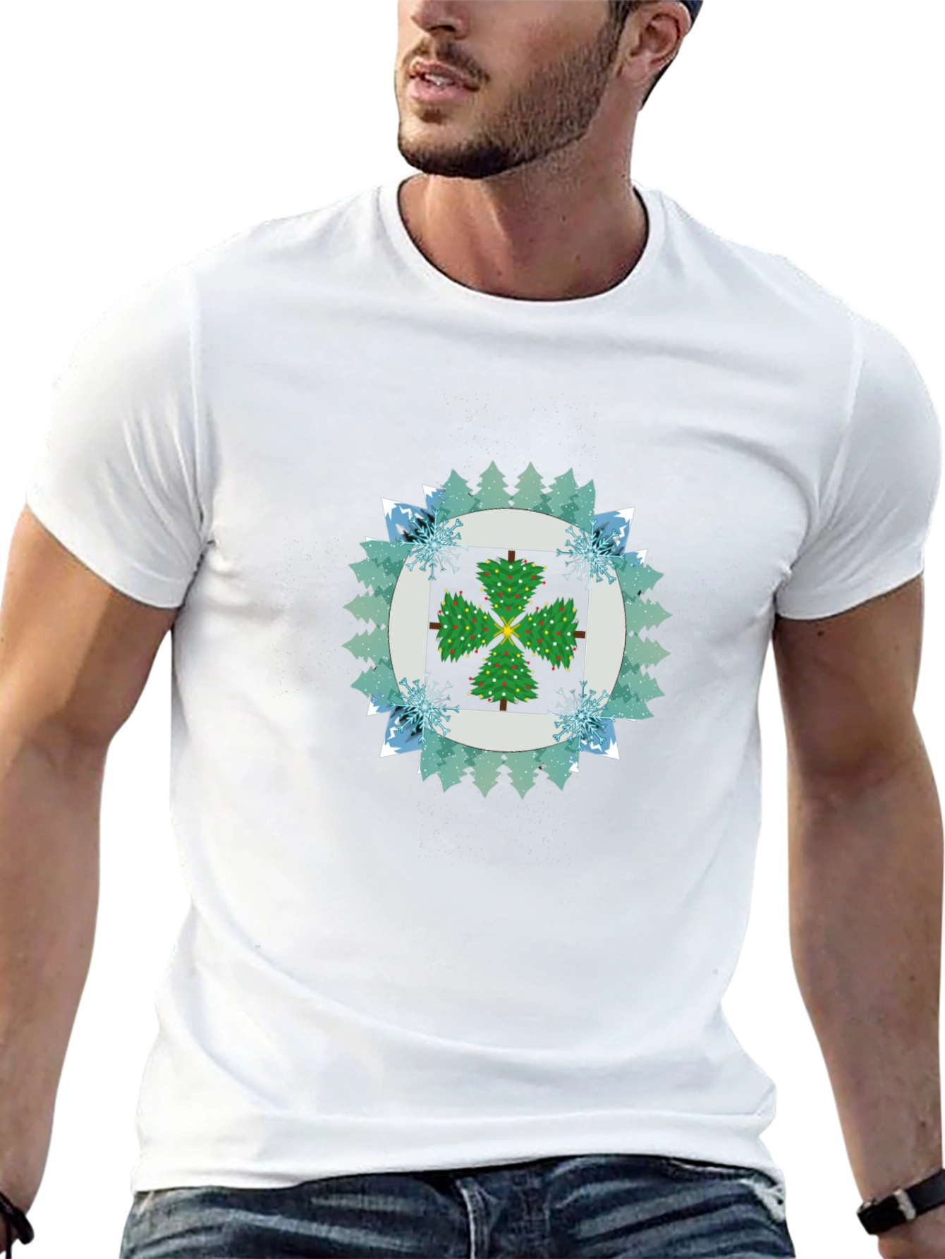 Festive Tree Pattern Black T-Shirt