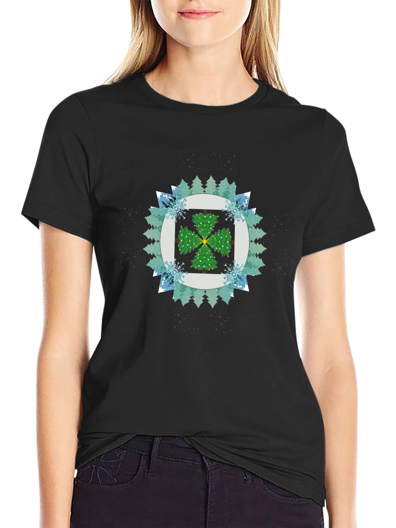 Festive Tree Pattern Black T-Shirt