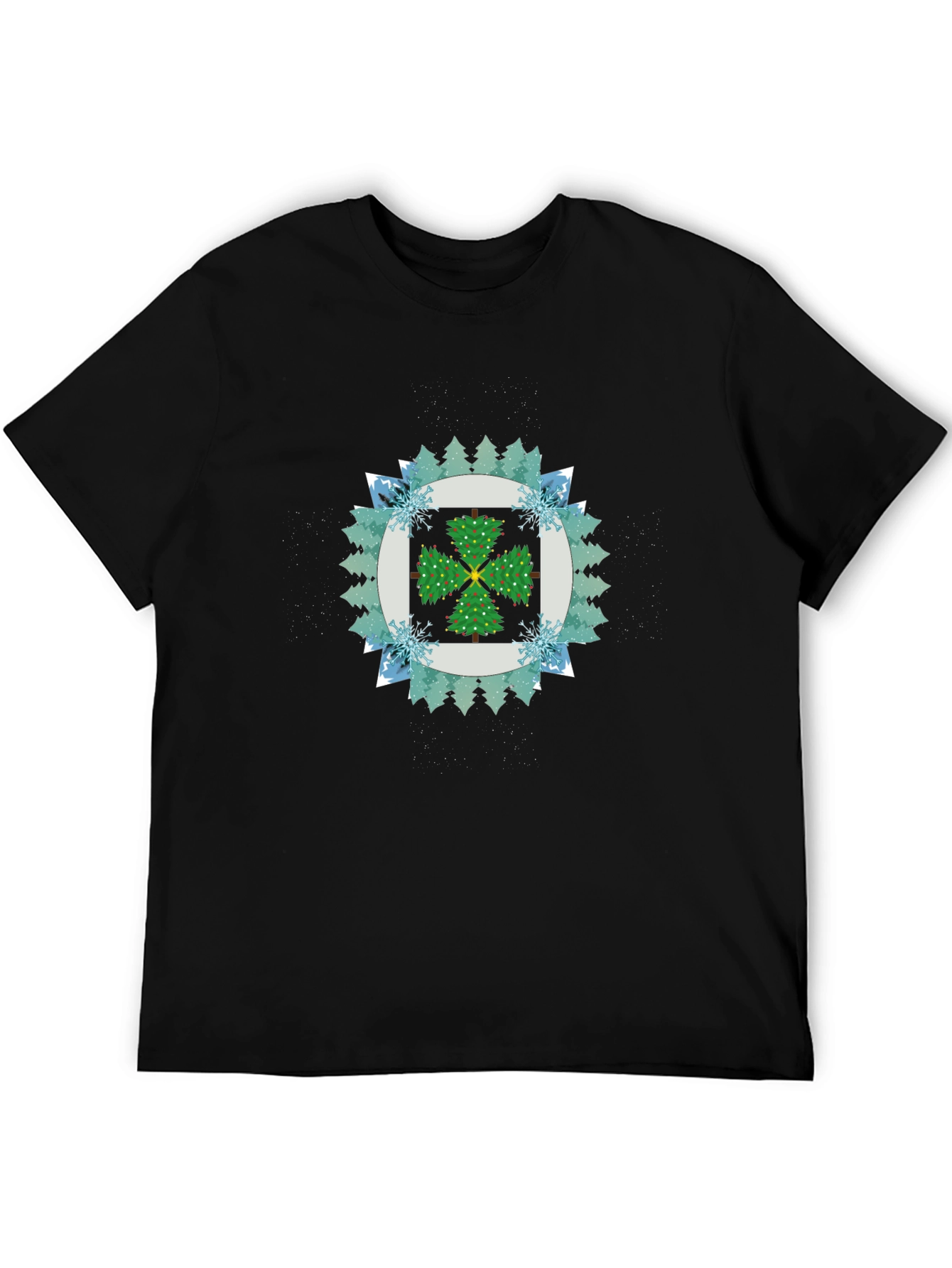 Festive Tree Pattern Black T-Shirt
