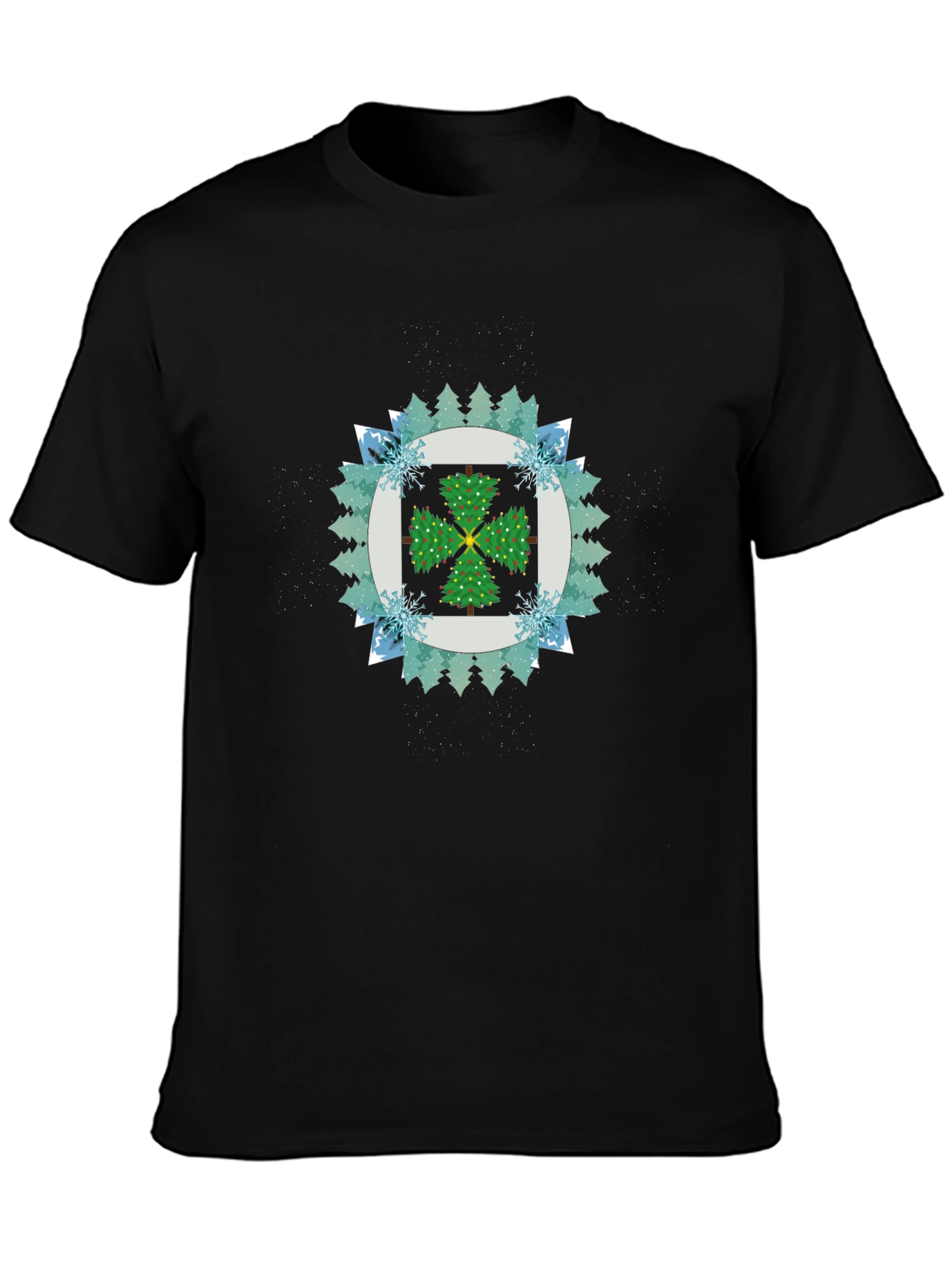 Festive Tree Pattern Black T-Shirt
