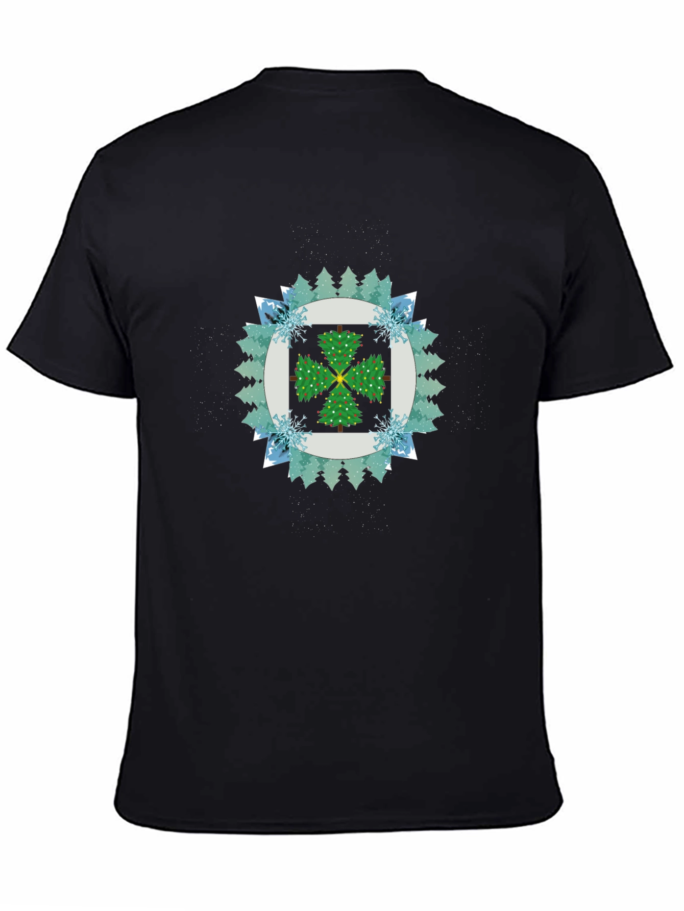Festive Tree Pattern Black T-Shirt