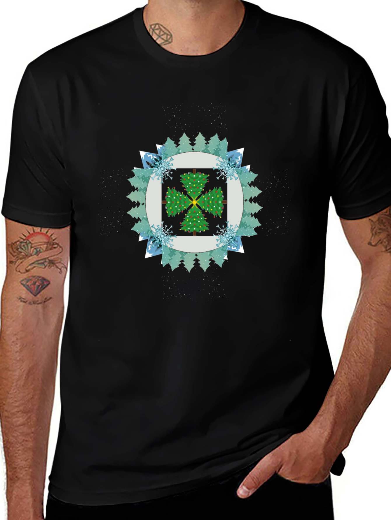 Festive Tree Pattern Black T-Shirt
