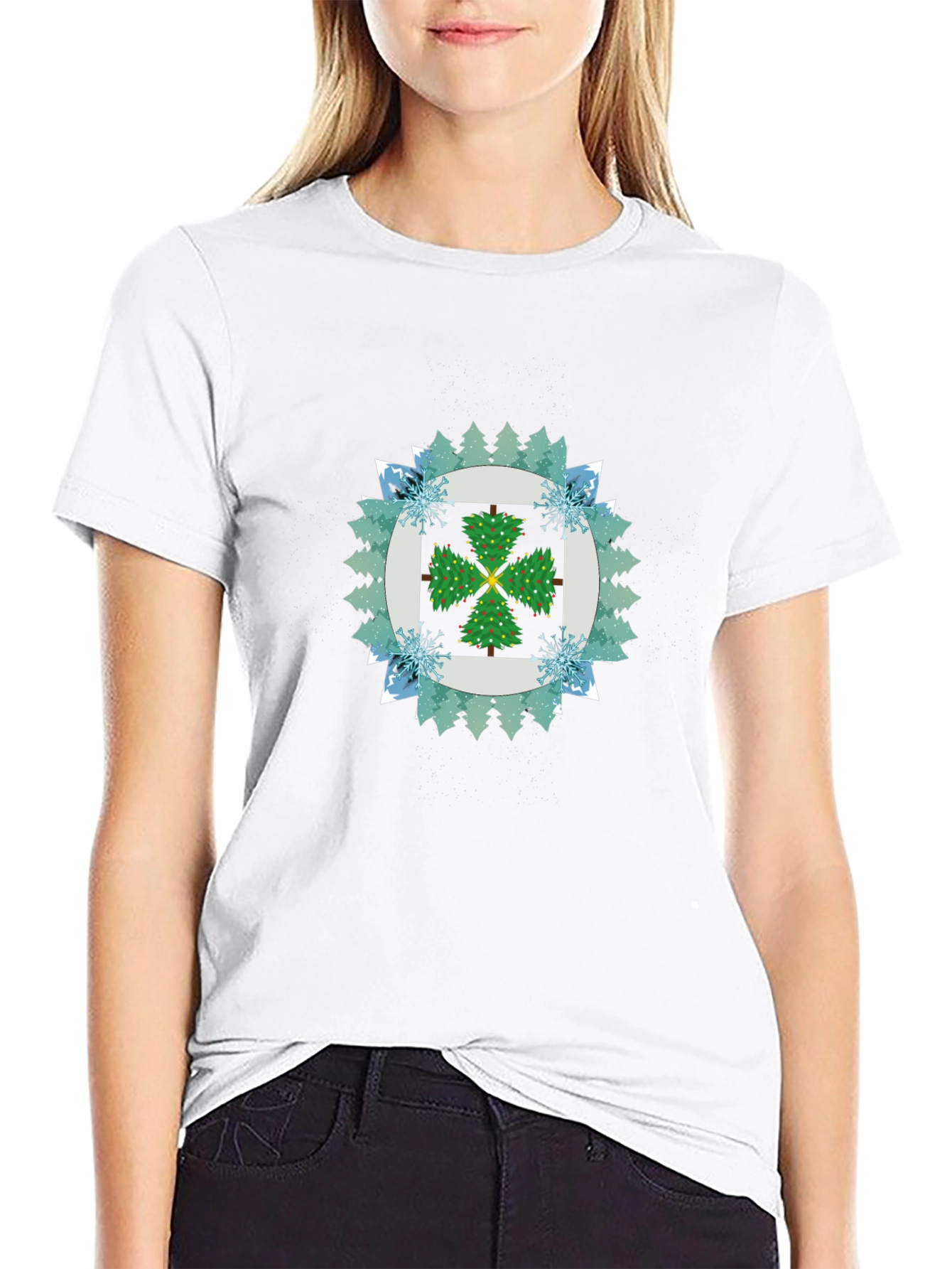 Festive Tree Pattern Black T-Shirt