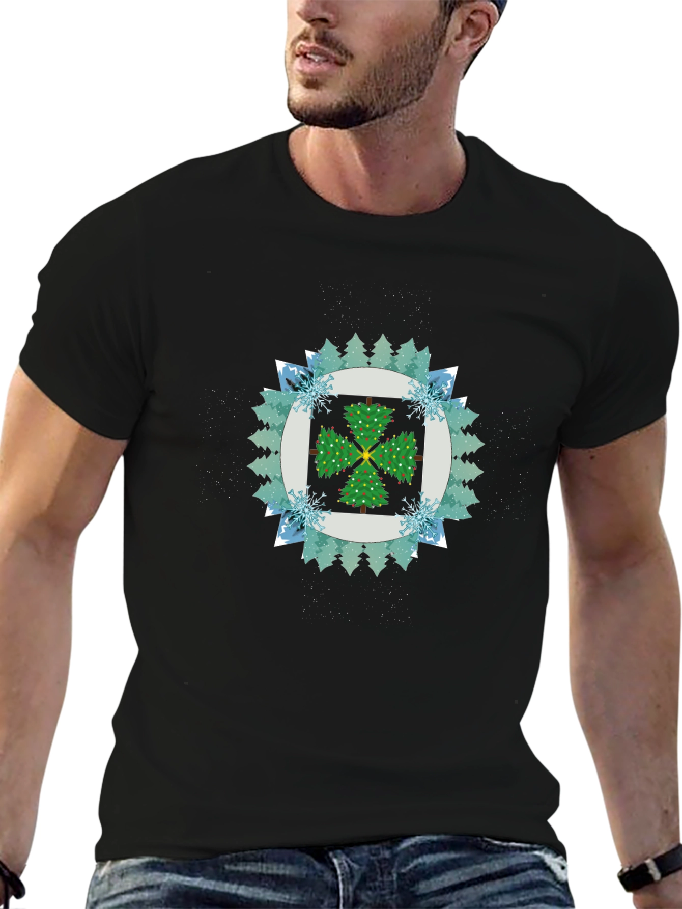 Festive Tree Pattern Black T-Shirt