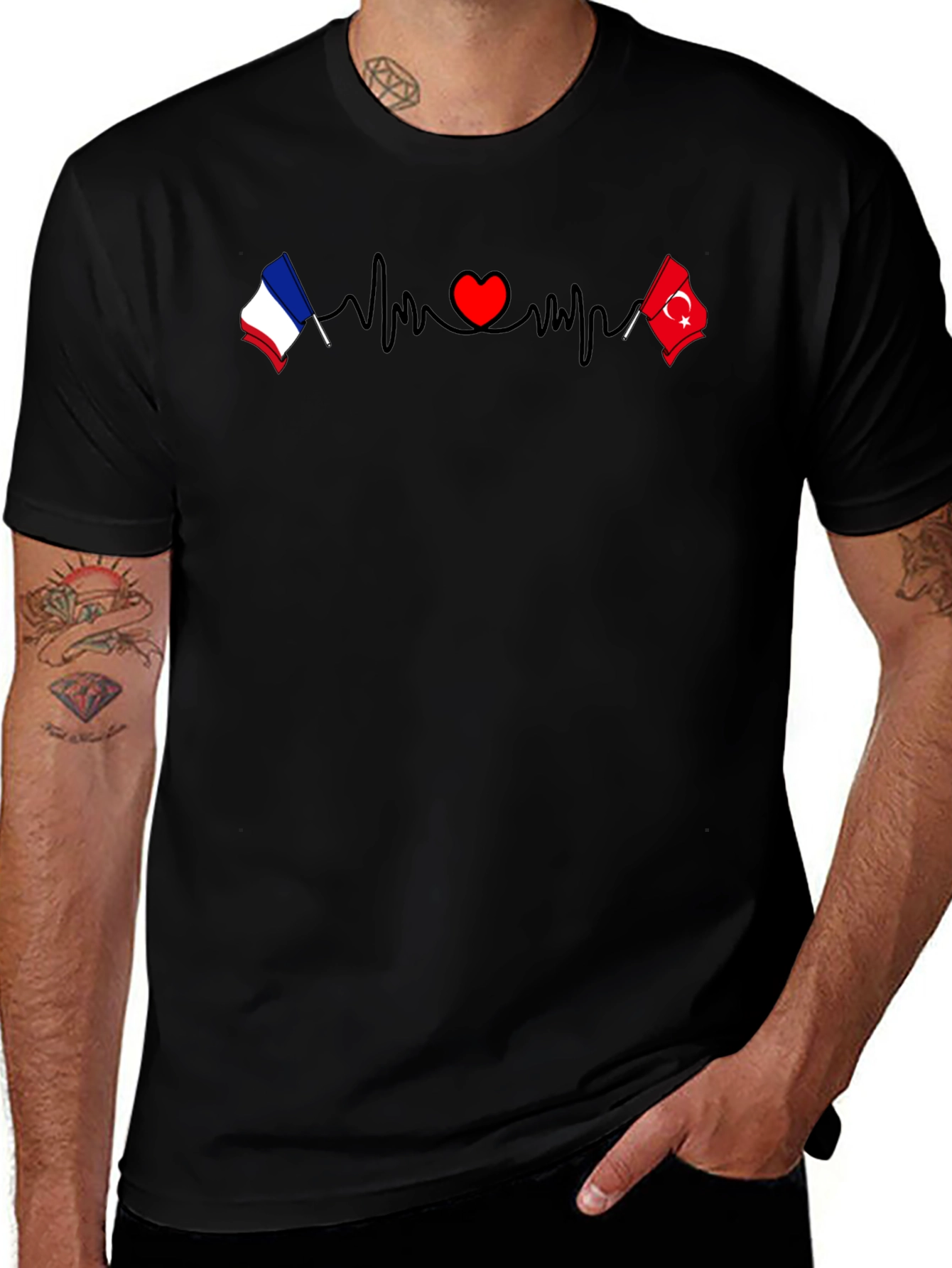 France & Turkey Love Heartbeat T-Shirt