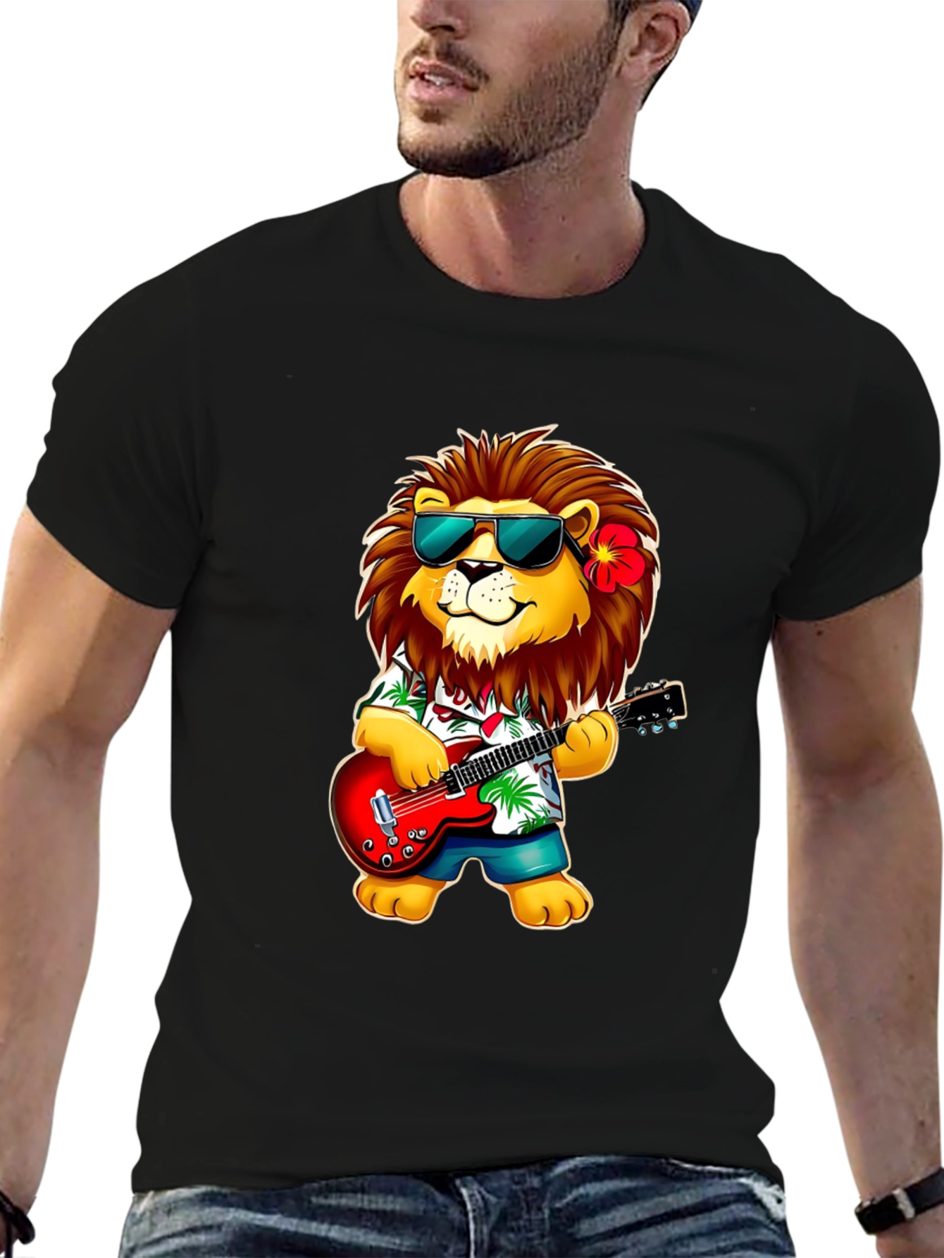 Lion Guitarist Graphic Tee - Cool Novelty Shirt