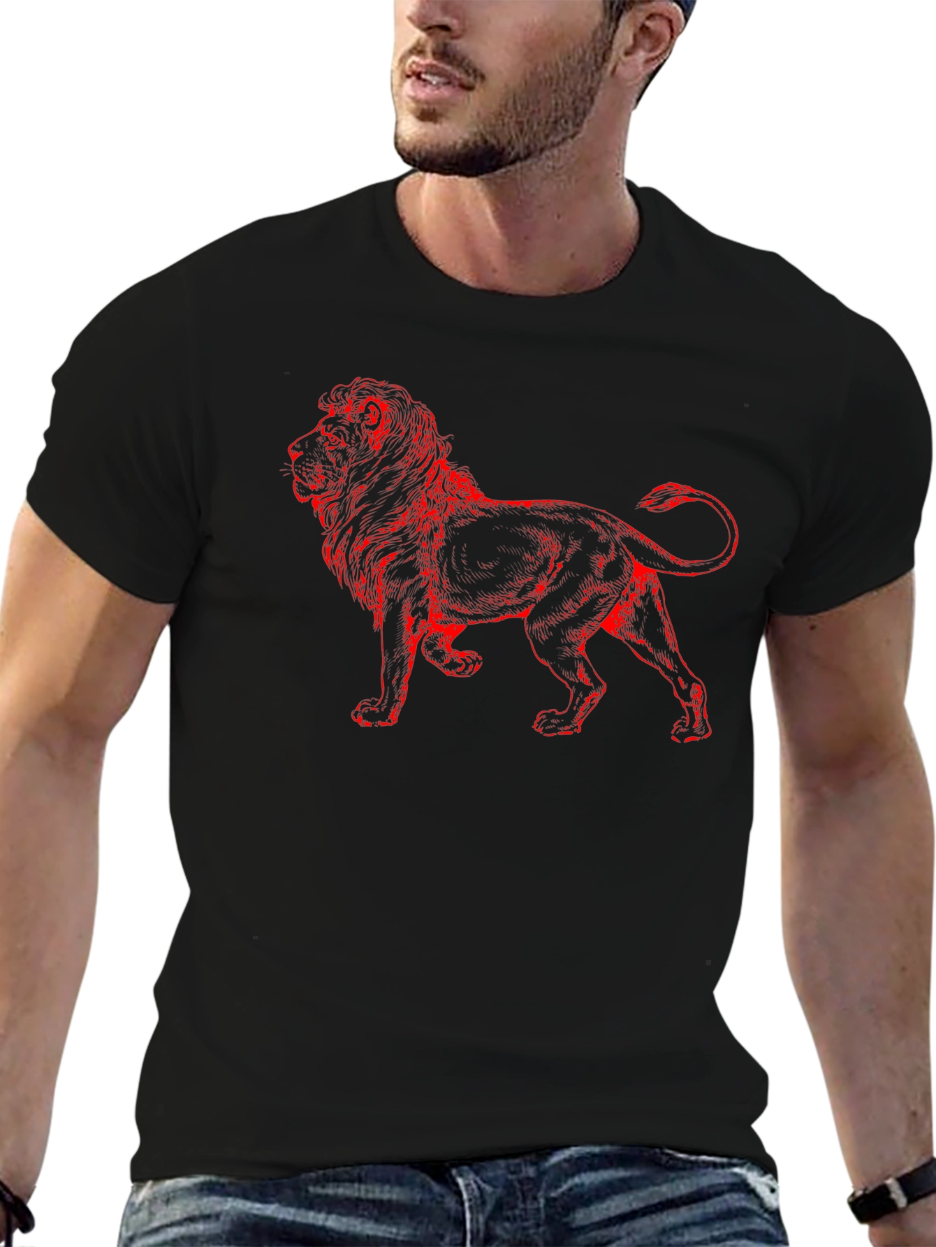 Lion Graphic Print T-Shirt - Casual Black Tee
