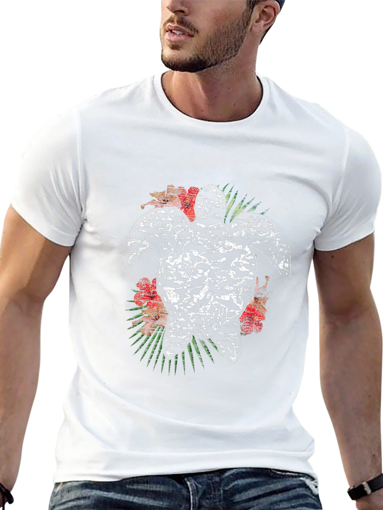 Turtle Hibiscus Mens Black Graphic Tee