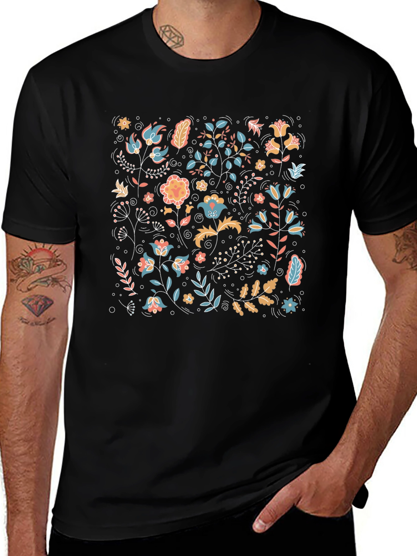 Floral Pattern Black Crew Neck T-Shirt