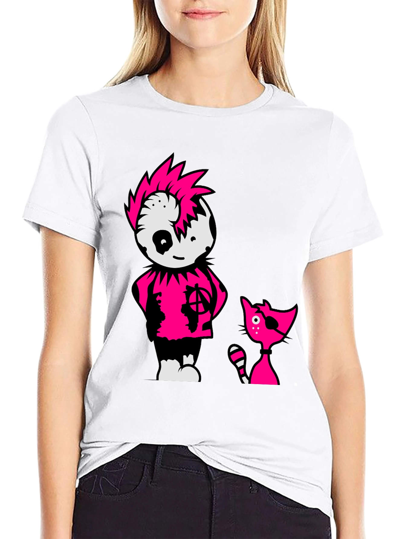 Black Tee with Punk Cartoon Character and Cat