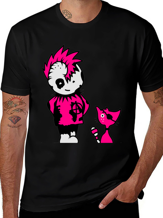 Black Tee with Punk Cartoon Character and Cat