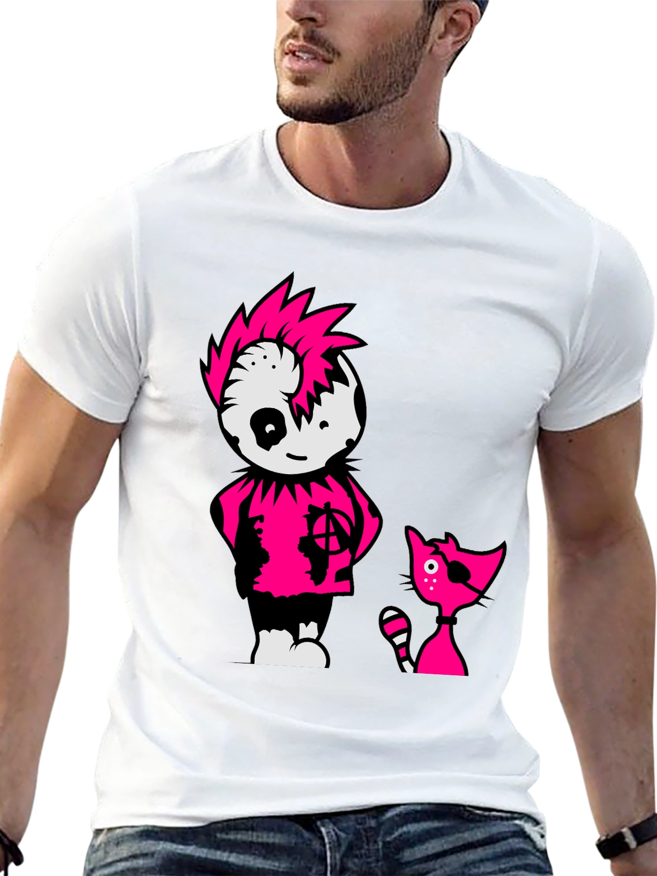 Black Tee with Punk Cartoon Character and Cat