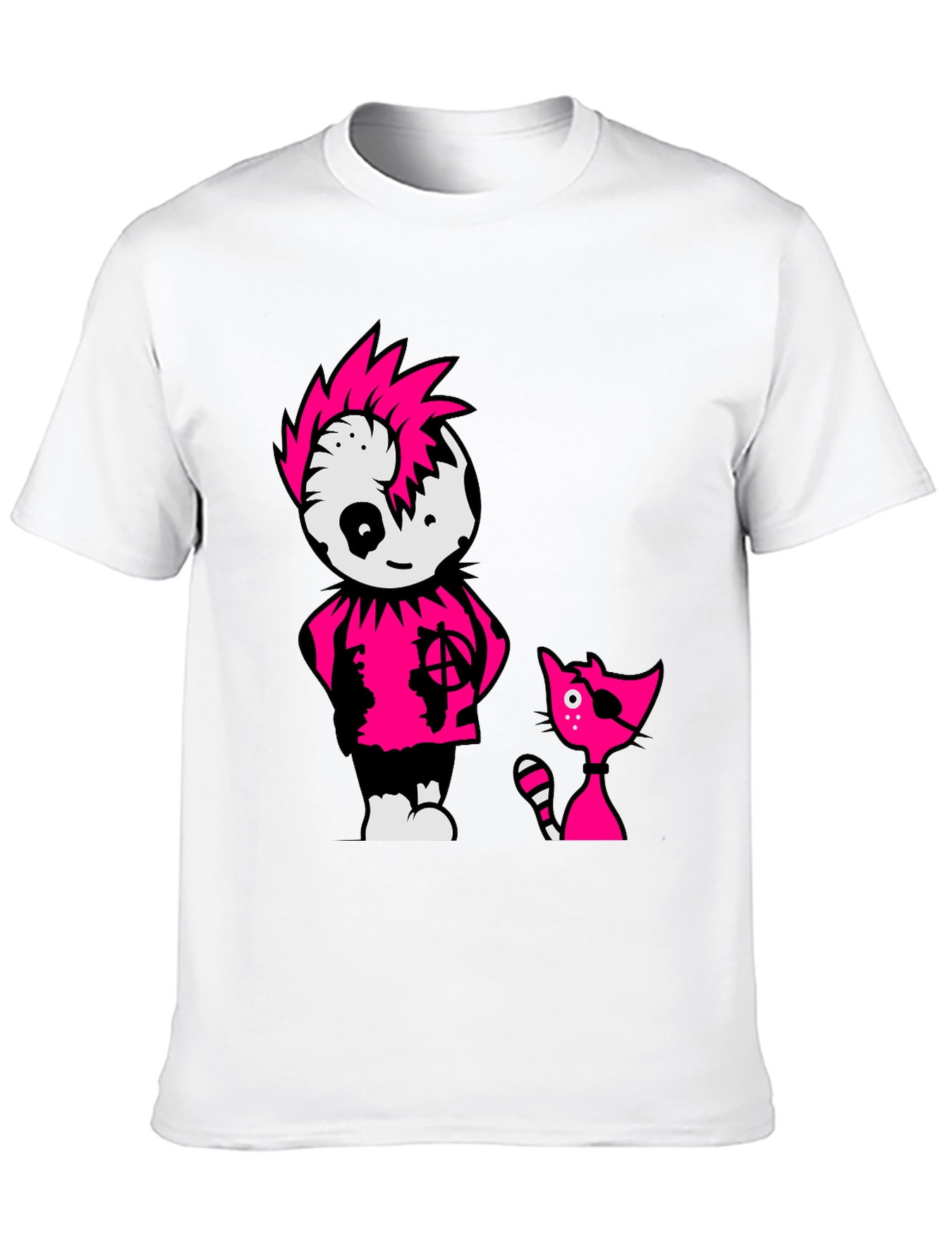 Black Tee with Punk Cartoon Character and Cat