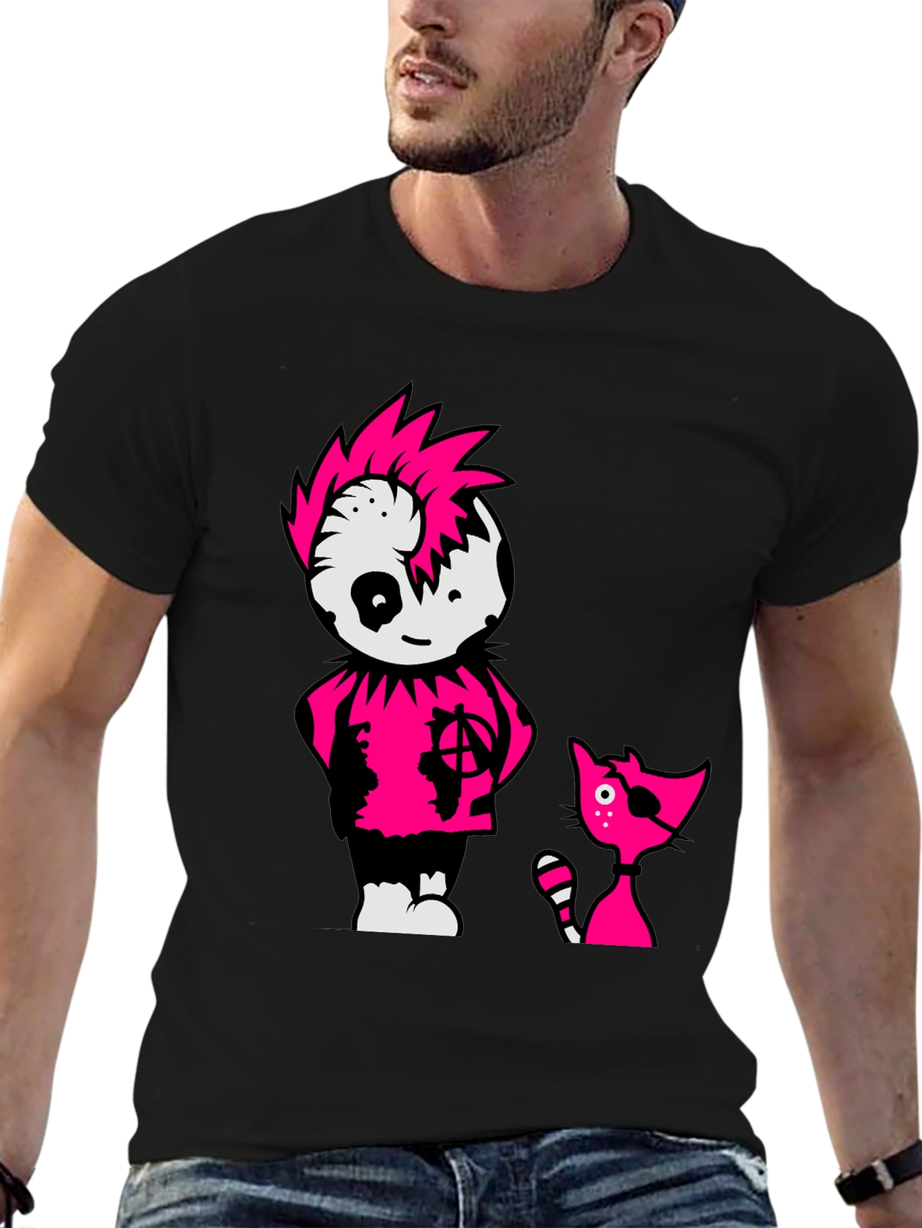 Black Tee with Punk Cartoon Character and Cat