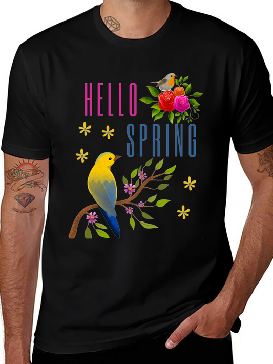 Hello Spring T-Shirt with Birds & Flowers