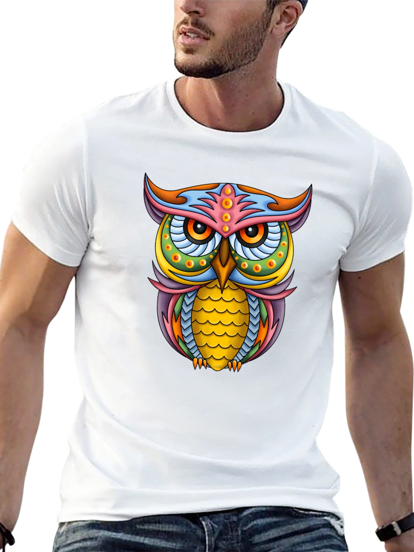 Vibrant Owl Graphic Black T-Shirt