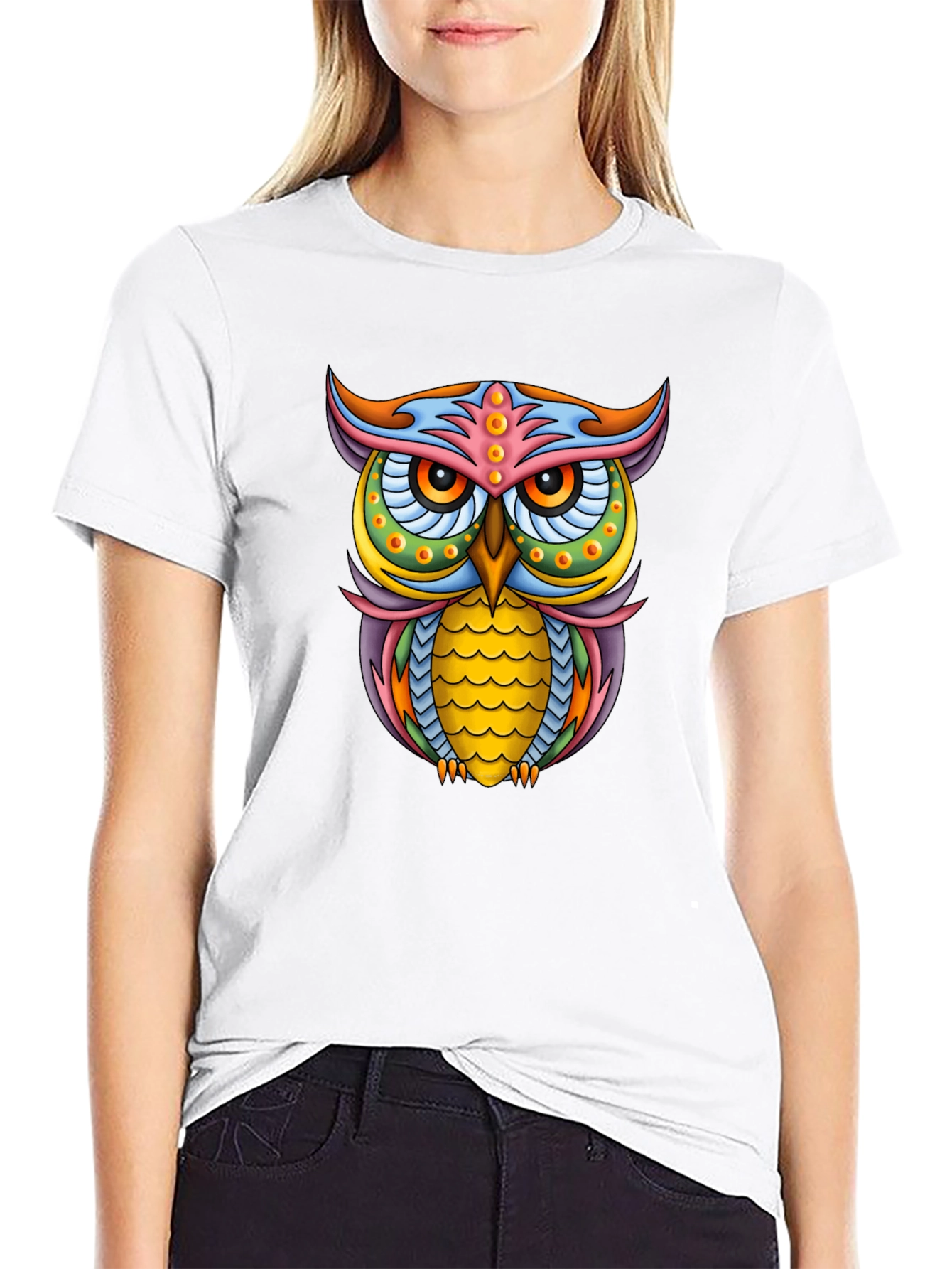 Vibrant Owl Graphic Black T-Shirt