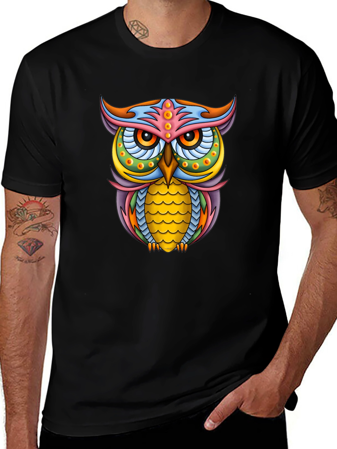 Vibrant Owl Graphic Black T-Shirt