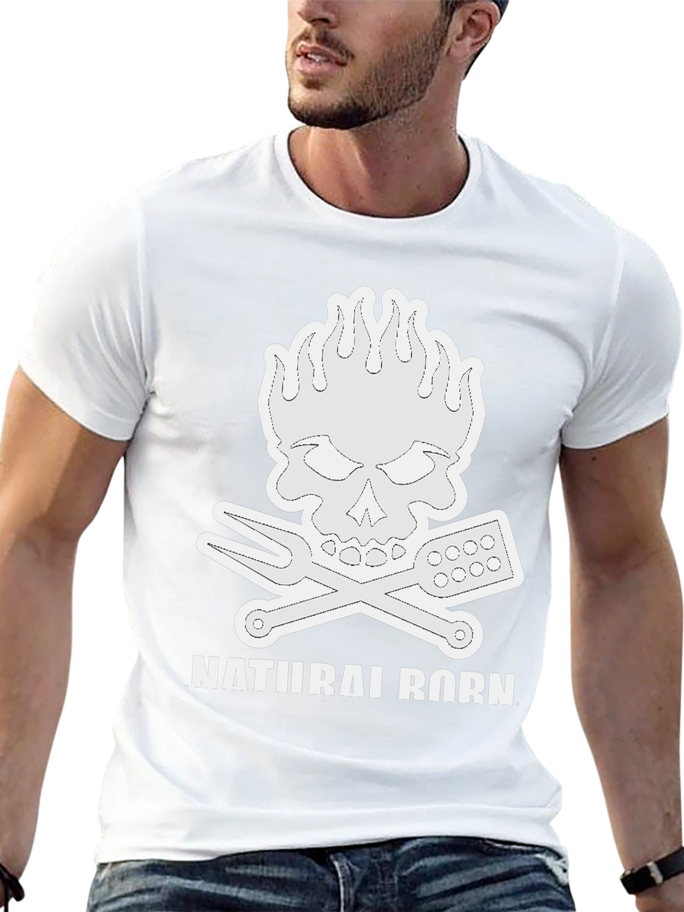 Natural Born Griller T-Shirt Skull Flames BBQ