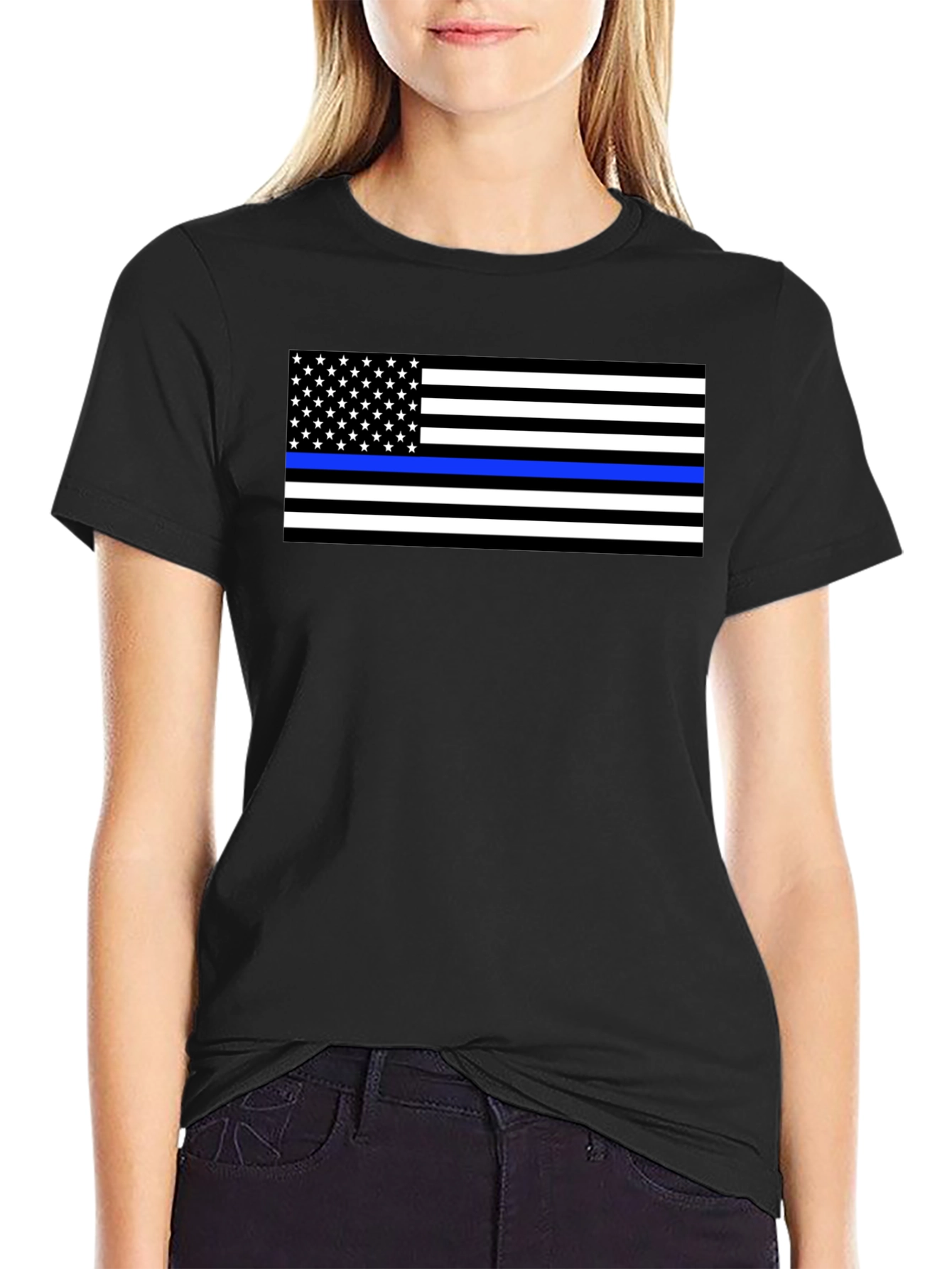 Thin Blue Line Flag Graphic T-Shirt - Black