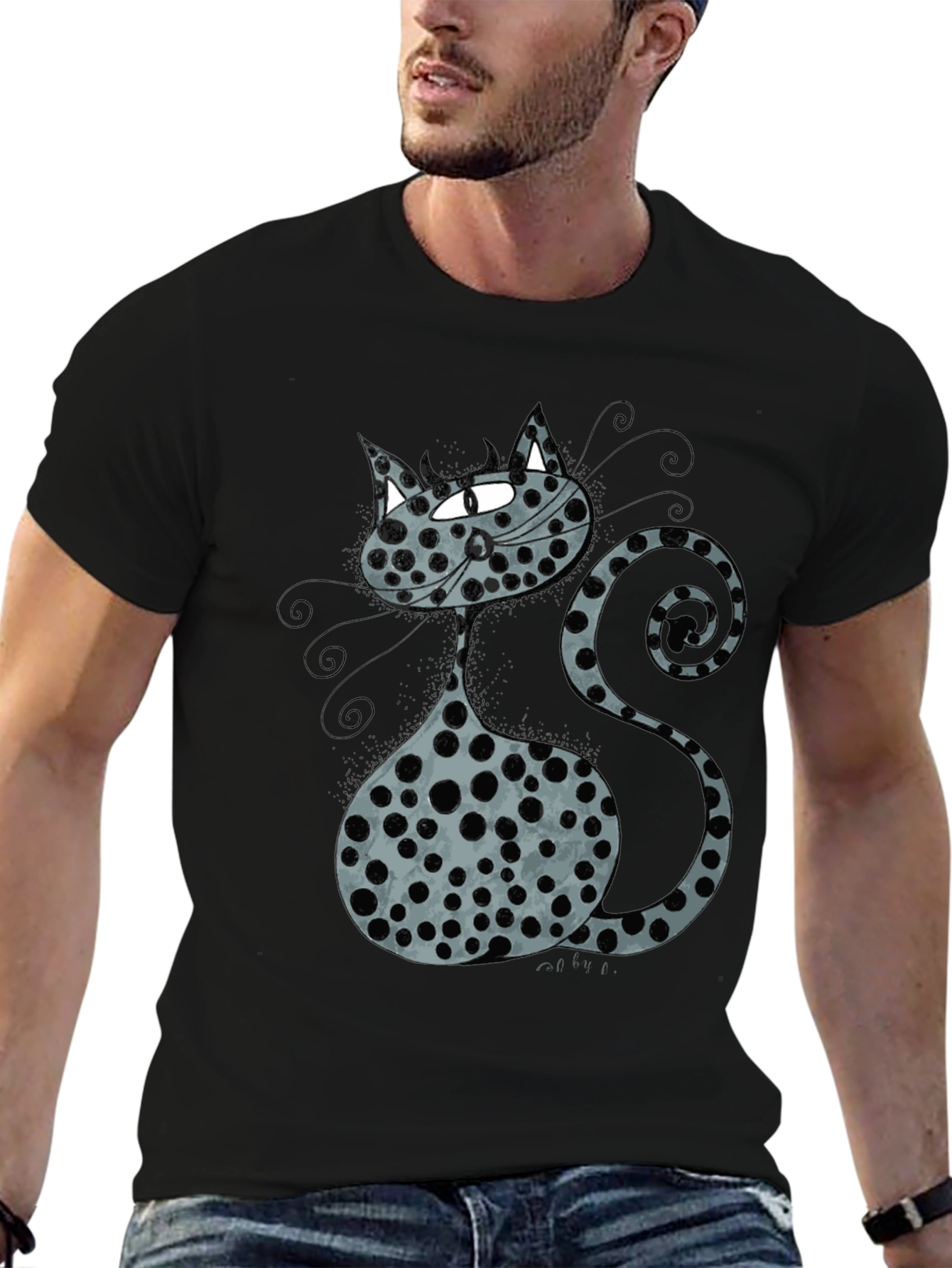 Cat Print Black T-Shirt Funny Pet Tee
