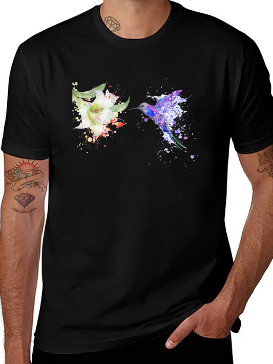 Hummingbird Flower Graphic Tee - Artsy Design