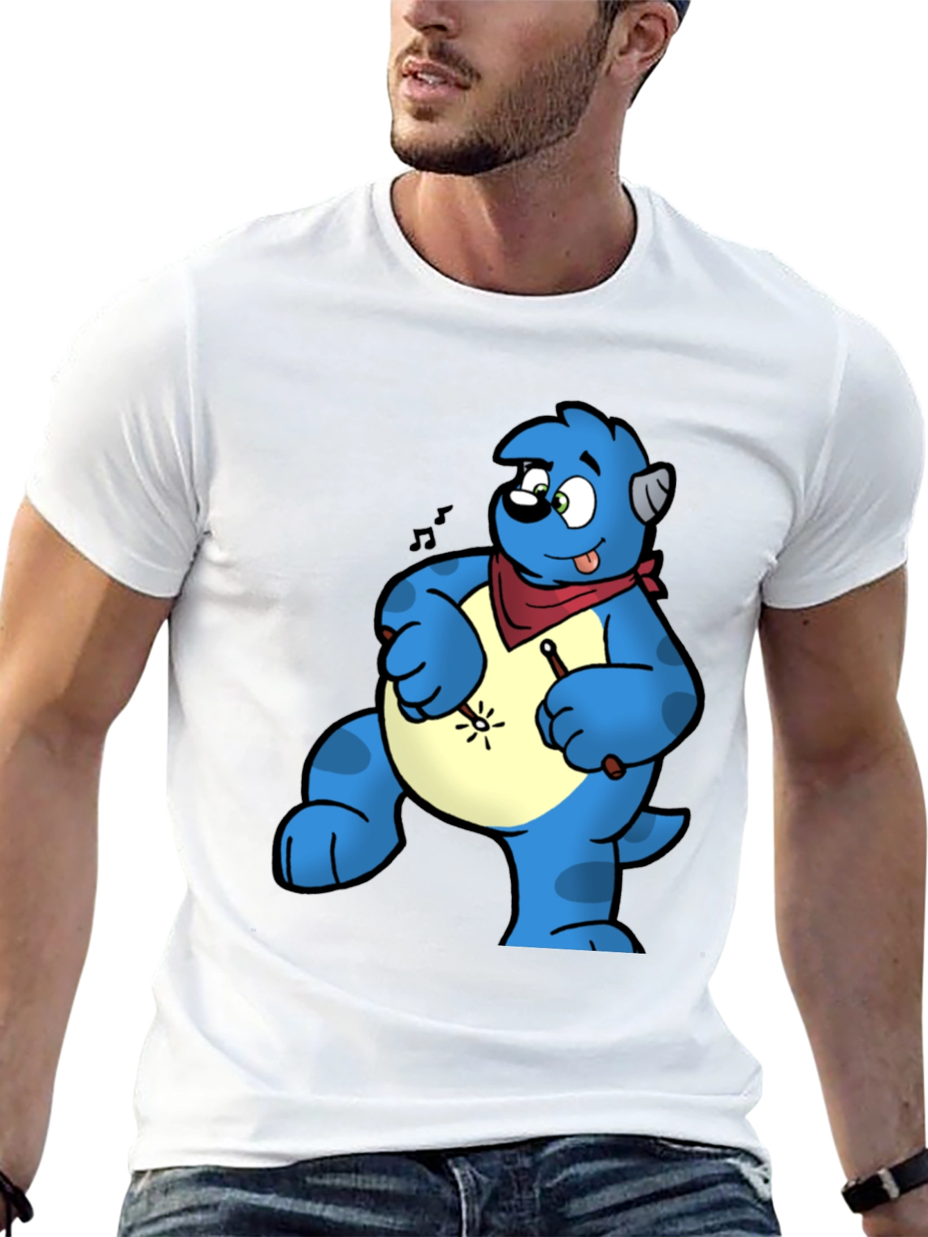 Blue Cartoon Character Drummer Graphic T-Shirt