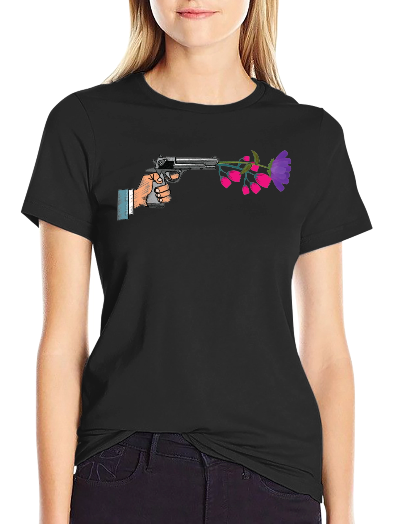 Peaceful Pistol Tee - Gun With Flowers Graphic