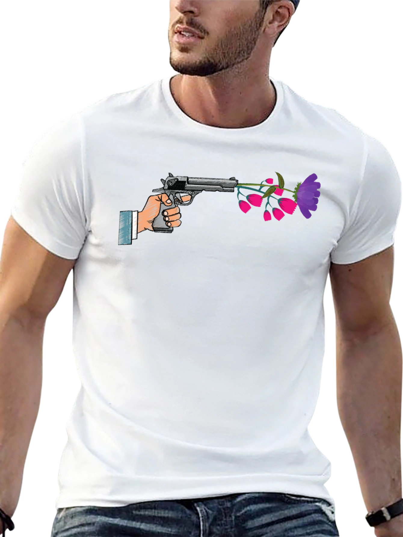 Peaceful Pistol Tee - Gun With Flowers Graphic