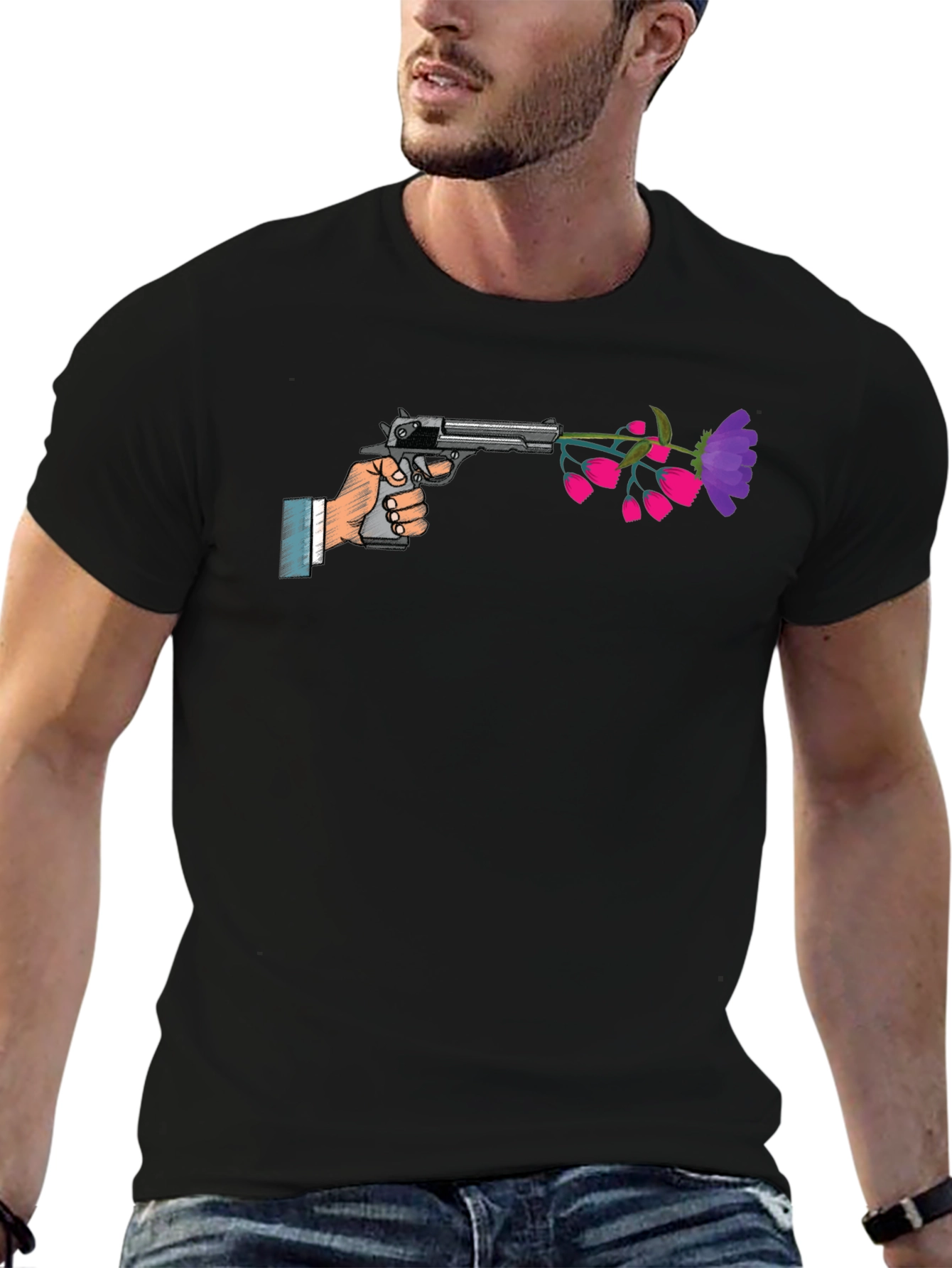 Peaceful Pistol Tee - Gun With Flowers Graphic