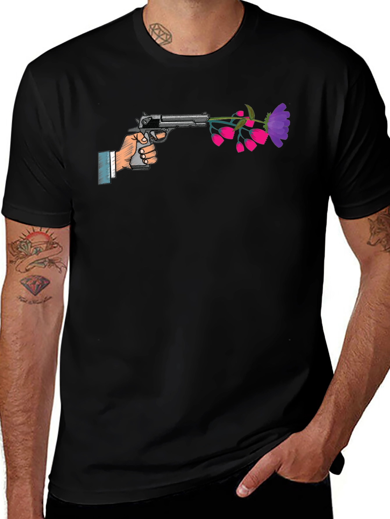 Peaceful Pistol Tee - Gun With Flowers Graphic