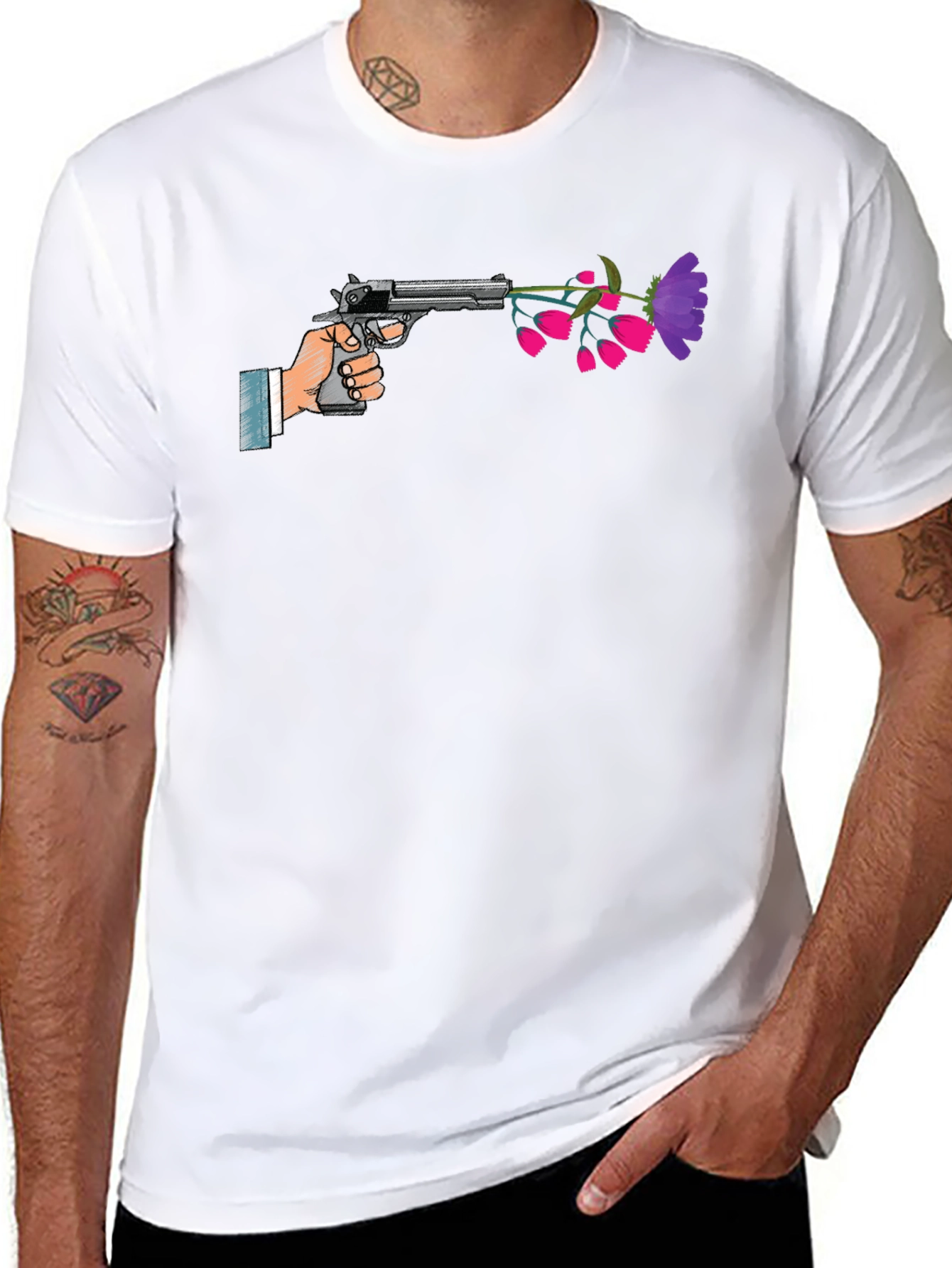 Peaceful Pistol Tee - Gun With Flowers Graphic