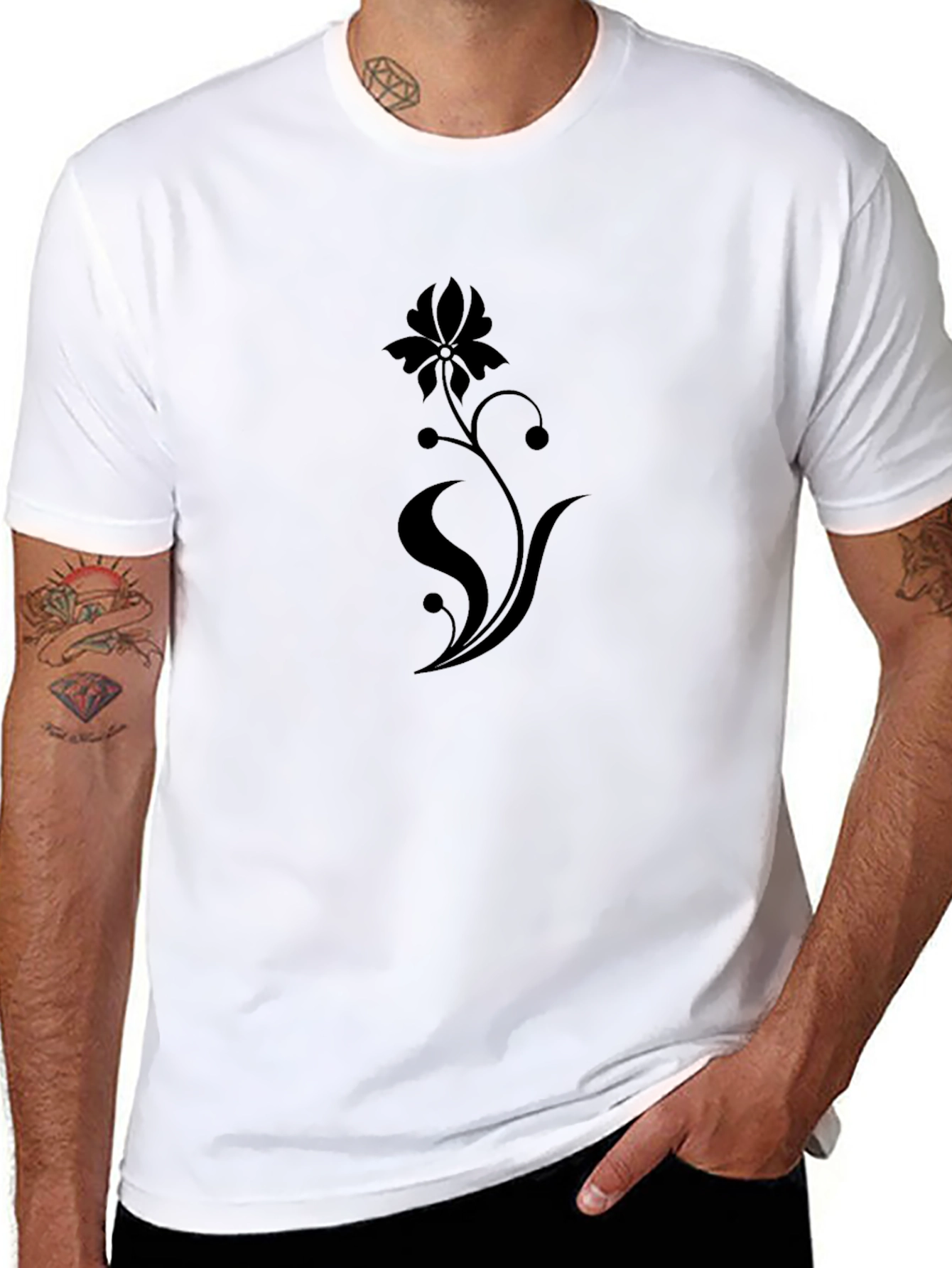 Black Floral Print Stylish Mens T-Shirt